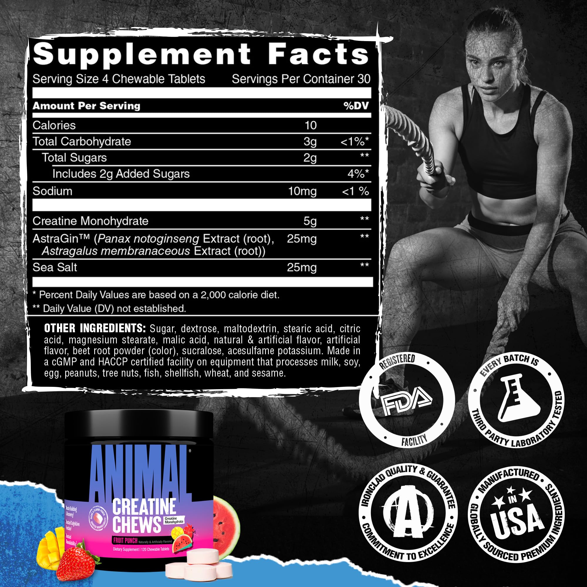 Animal Creatine Chews Tablets - Enhanced Creatine Monohydrate with AstraGin to Improve Absorption, Sea Salt for Added Pumps, Delicious and Convenient Chewable Tablets - Fruit Punch Animal uk supplements