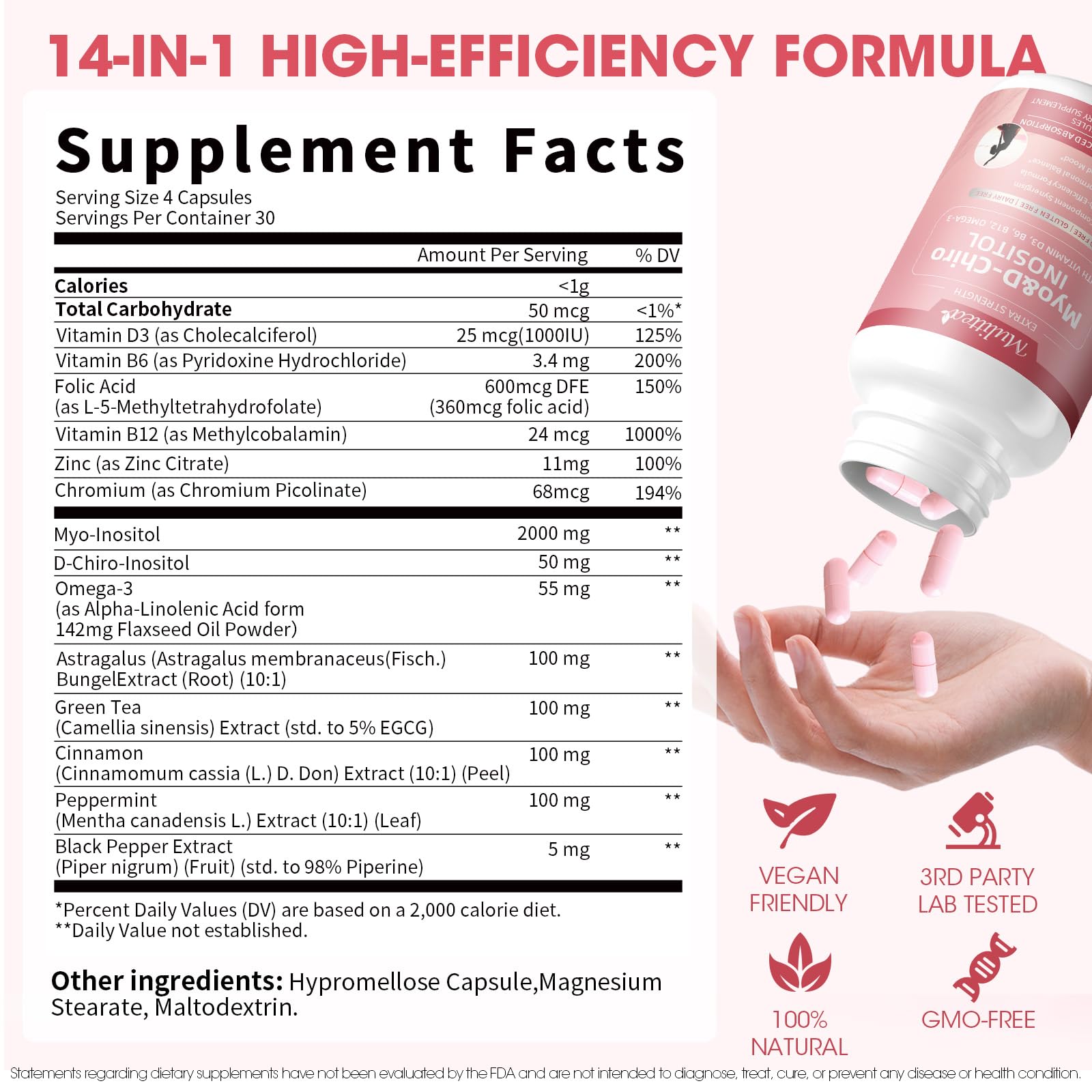 Mulittea Myo-Inositol & D-Chiro Supplement for Women - 14-in-1 Liposomal Inositol with Folic Acid,Omega-3 & Multivitamin for Hormone Balance,Support Ovarian,Skin & Mood- 40:1 Vegan 120 Capsules Mulittea uk supplements