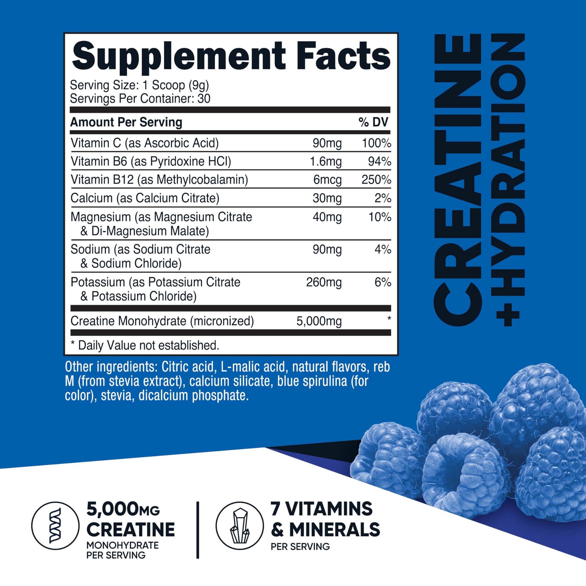 Nutricost Creatine Monohydrate + Hydration Blue Raspberry Flavored (30 Servings) - 7 Vitamins & Minerals, 5000mg of Creatine Per Serving Nutricost uk supplements