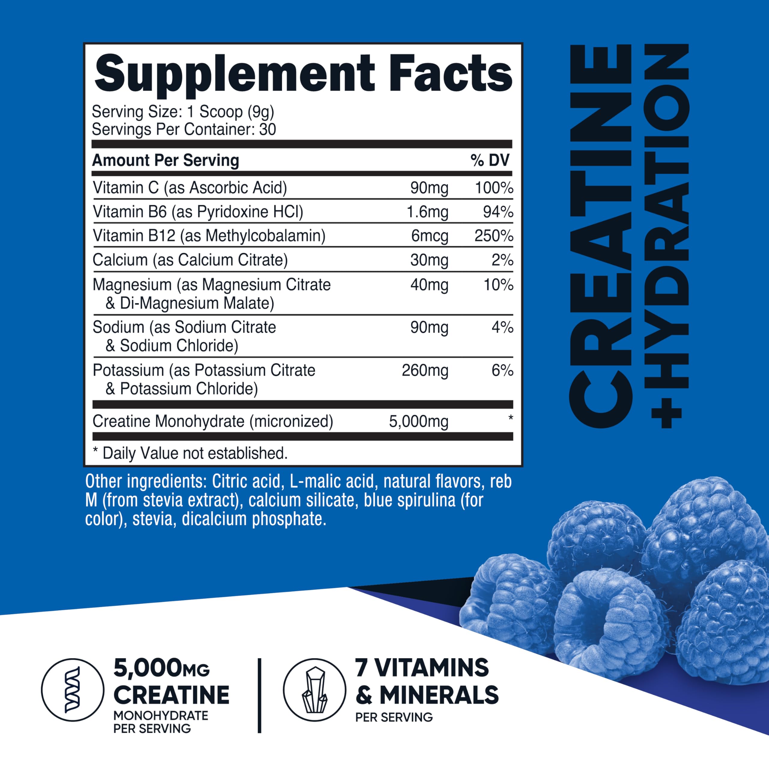 Nutricost Creatine Monohydrate + Hydration Blue Raspberry Flavored (30 Servings) - 7 Vitamins & Minerals, 5000mg of Creatine Per Serving Nutricost uk supplements