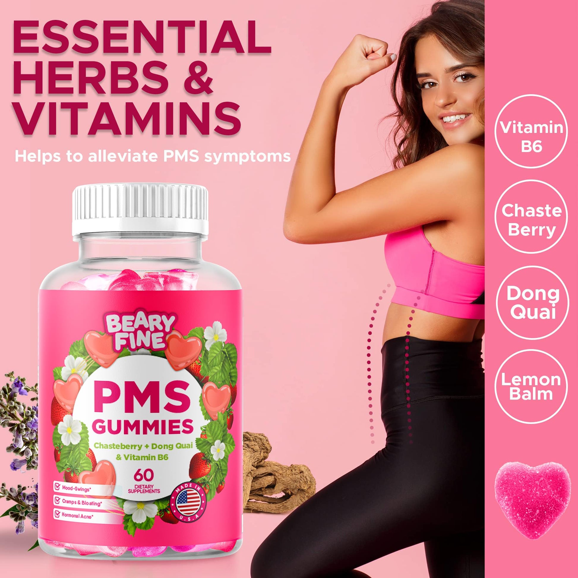 Beary Fine PMS Gummies - PMS Vitamins for Women & Teens - PMS Period Relief - Cramping, Bloating, Mood Swings - Made in The USA (Strawberry, 60 Count) Beary Fine uk supplements