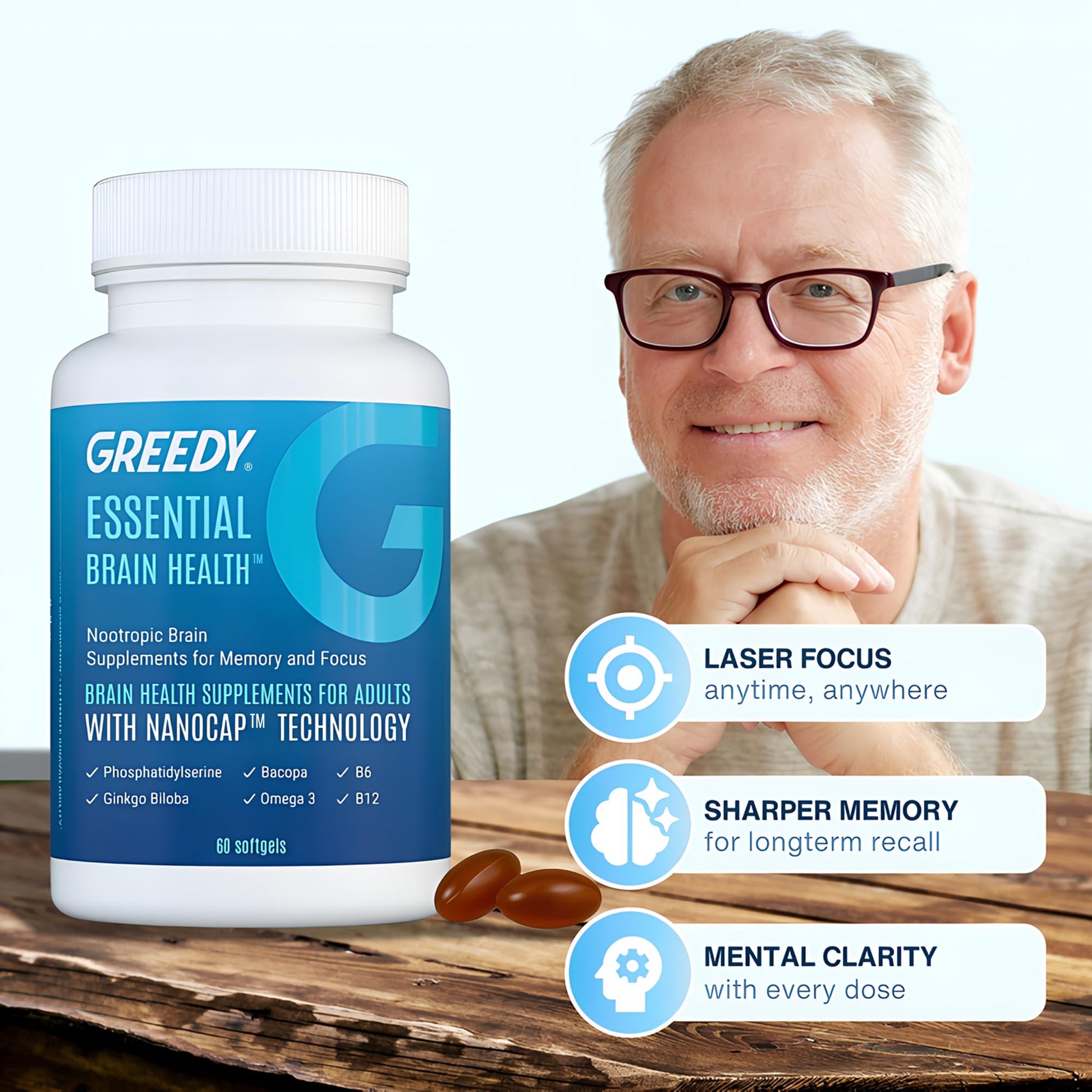 Essential Brain Health Supplements Nootropic for Memory and Focus – for Adults with NanoCap® Technology, Phosphatidylserine, Bacopa, Ginkgo Biloba, Omega 3, B6, B12, 60 Softgels by Greedy® Nutrition Platinum Health uk supplements