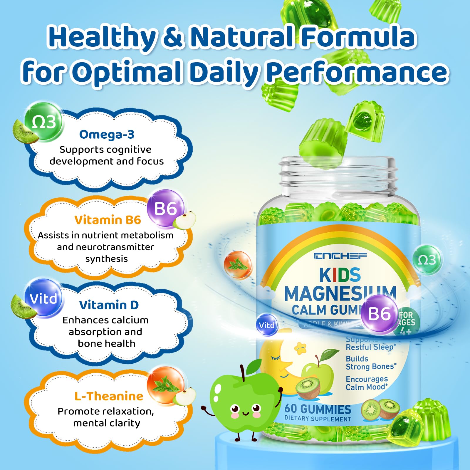Center-Filled Magnesium Gummies for Kids 300MG - Magnesium Glycinate Gummies with L-theanine, Omega-3, Vitamin B6, D for Kids & Adults, Supplement for Sleep, Calm & Muscle Relaxation - Apple & Kiwi CNCHEF uk supplements