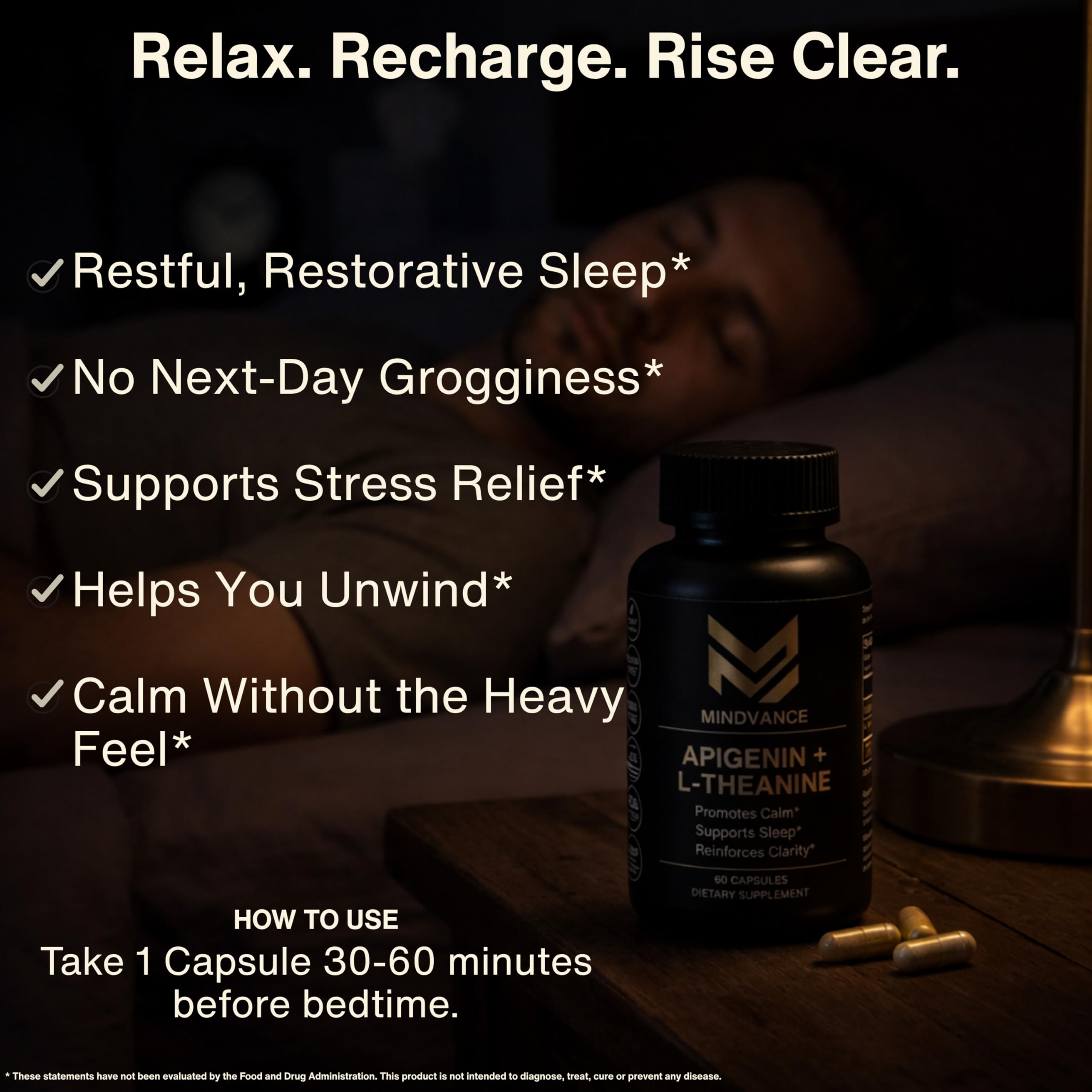 Mindvance Apigenin 100mg with L-Theanine 200mg Supplement Capsules for Sleep Support, Relaxation, Clarity & Calm | Melatonin Free | 60 Vegan Capsules Mindvance uk supplements