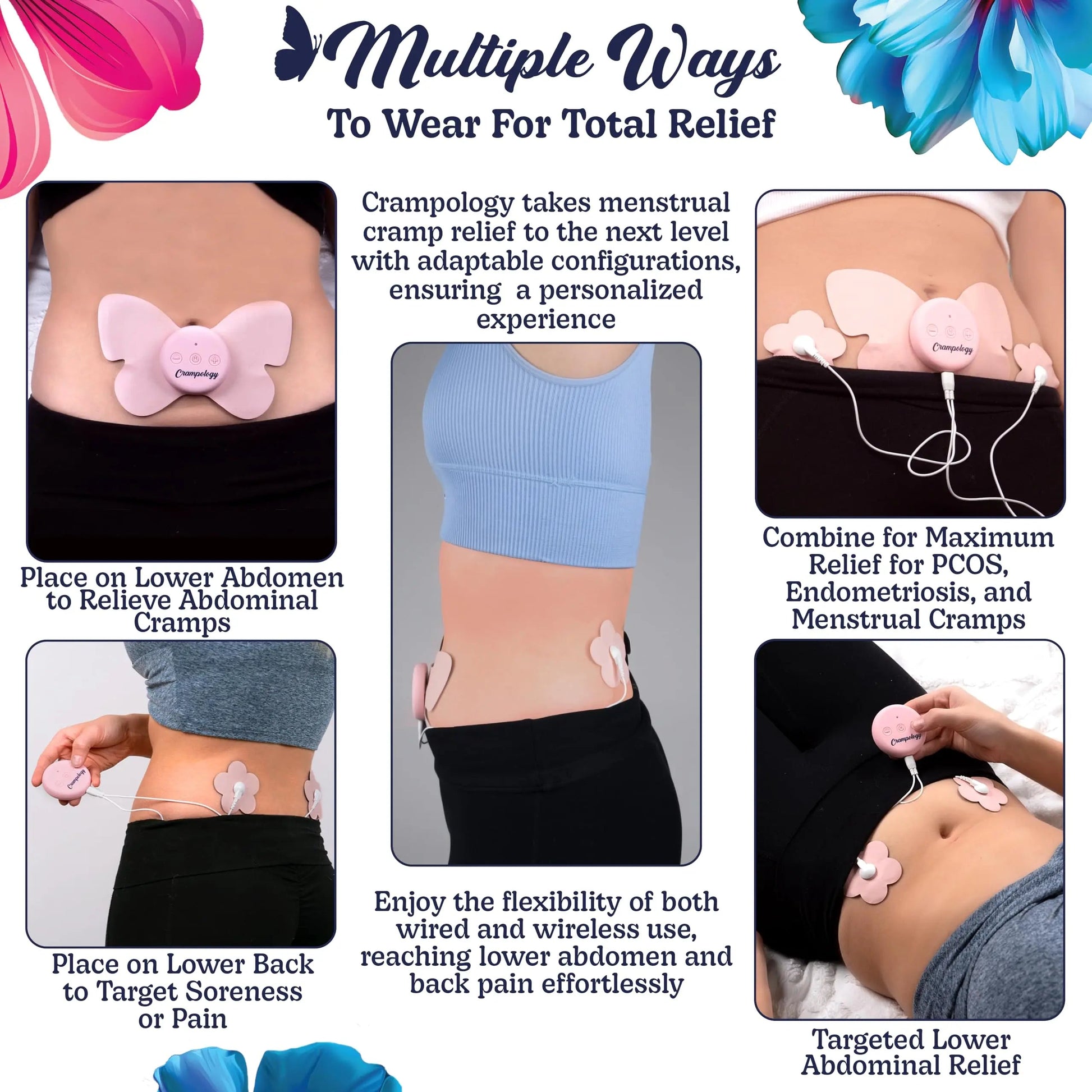 Crampology Relief Pink-Period Cramps Pain Relieving Device, Cramp Massager for Menstrual and Lower Back Ache, Reduces Endometriosis Discomfort, PMS TENS Unit, Wireless or Wired, Natural Cycle Support Crampology uk supplements