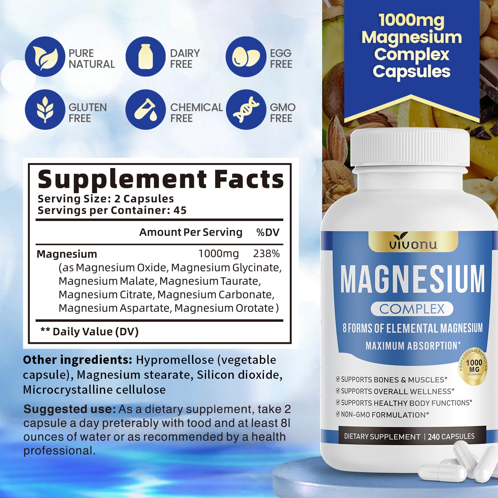 1000mg Magnesium Complex for Women & Men*, 8 Elemental with Magnesium Glycinate, Citrate, Malate, Taurate, Oxide, Carbonate, Aspartate, Orotate for Bones, Muscle