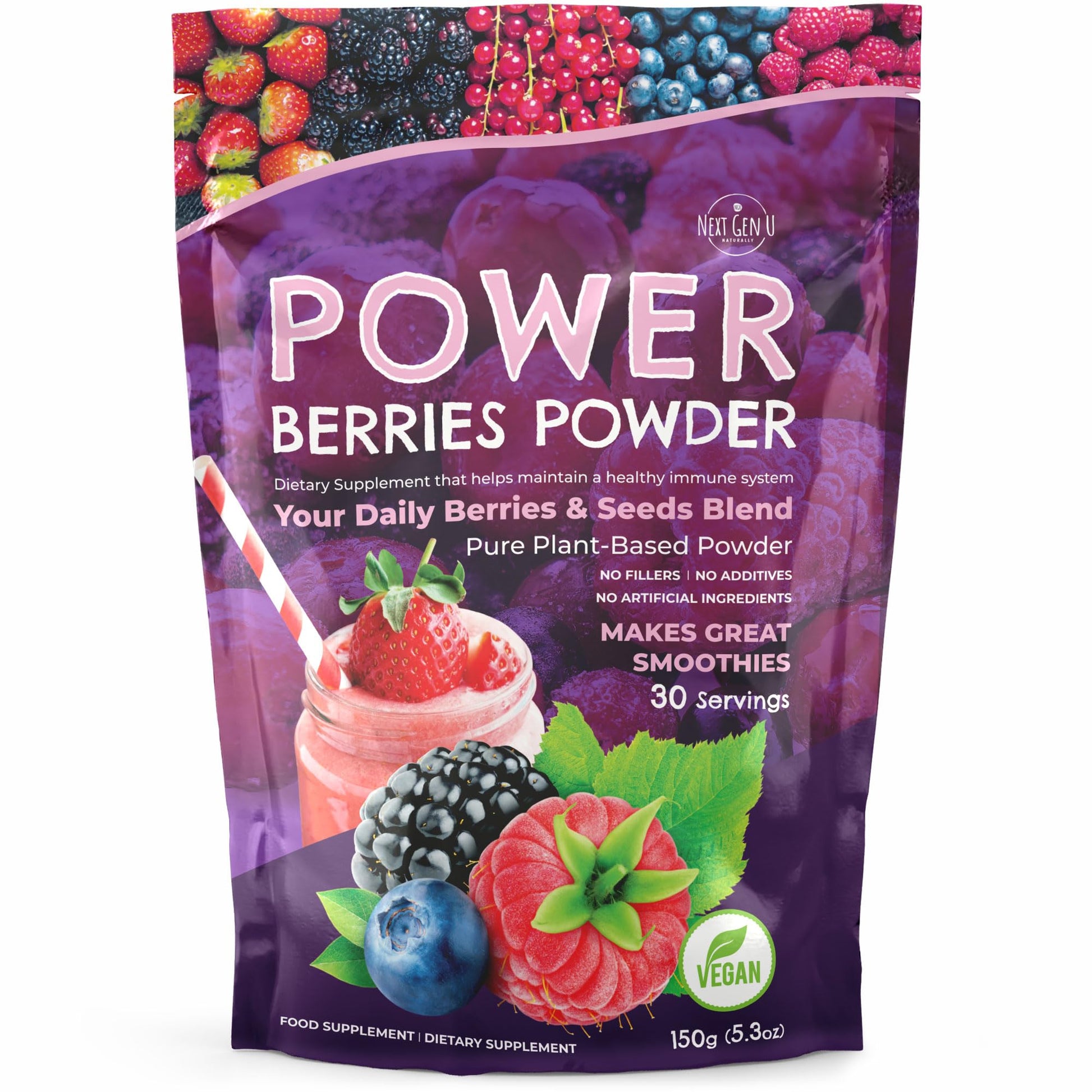Super Berry Powder - 150g - Immune Support - Food Supplement - Superfood Berries - Smoothie Mix for Shakes - Healthy Boost for Detox Juice Beverages or Any Drink - by NextGenU NGU Next Gen U uk supplements