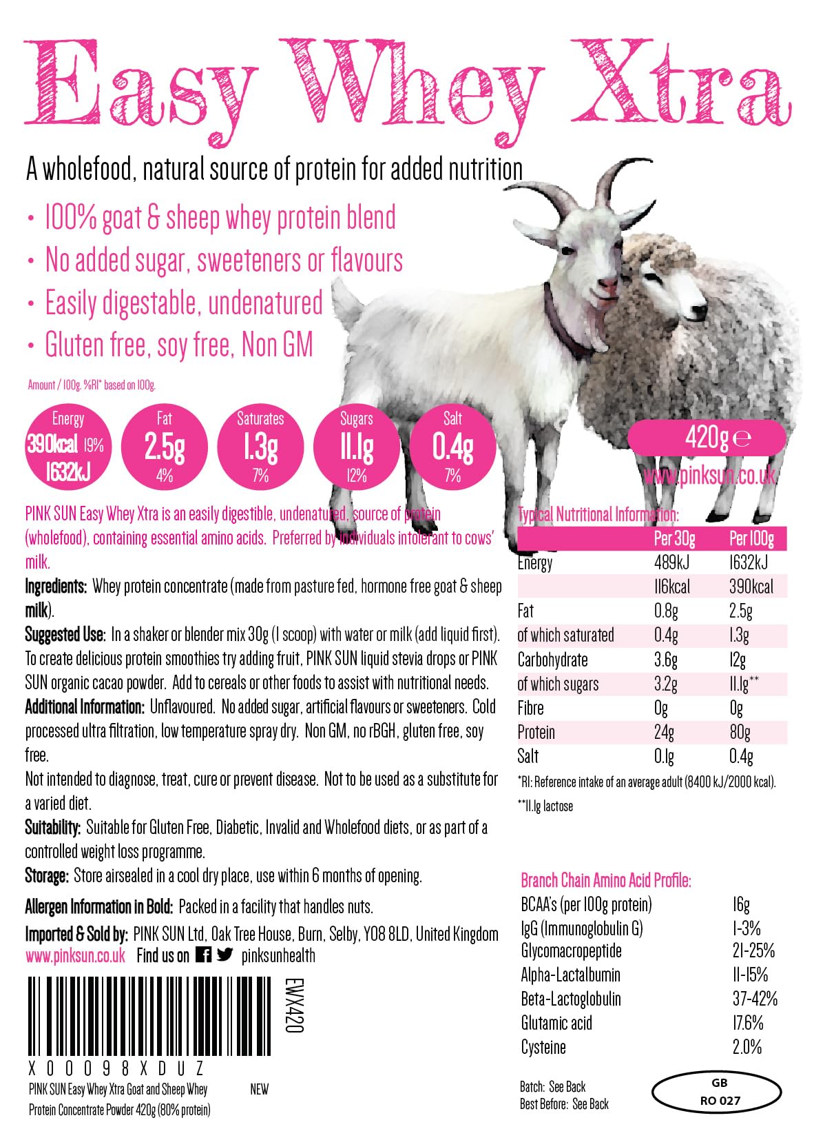 PINK SUN Goat Sheep Whey Protein Powder 420g (80% Protein) Pure Unflavoured Concentrate PINK SUN uk supplements