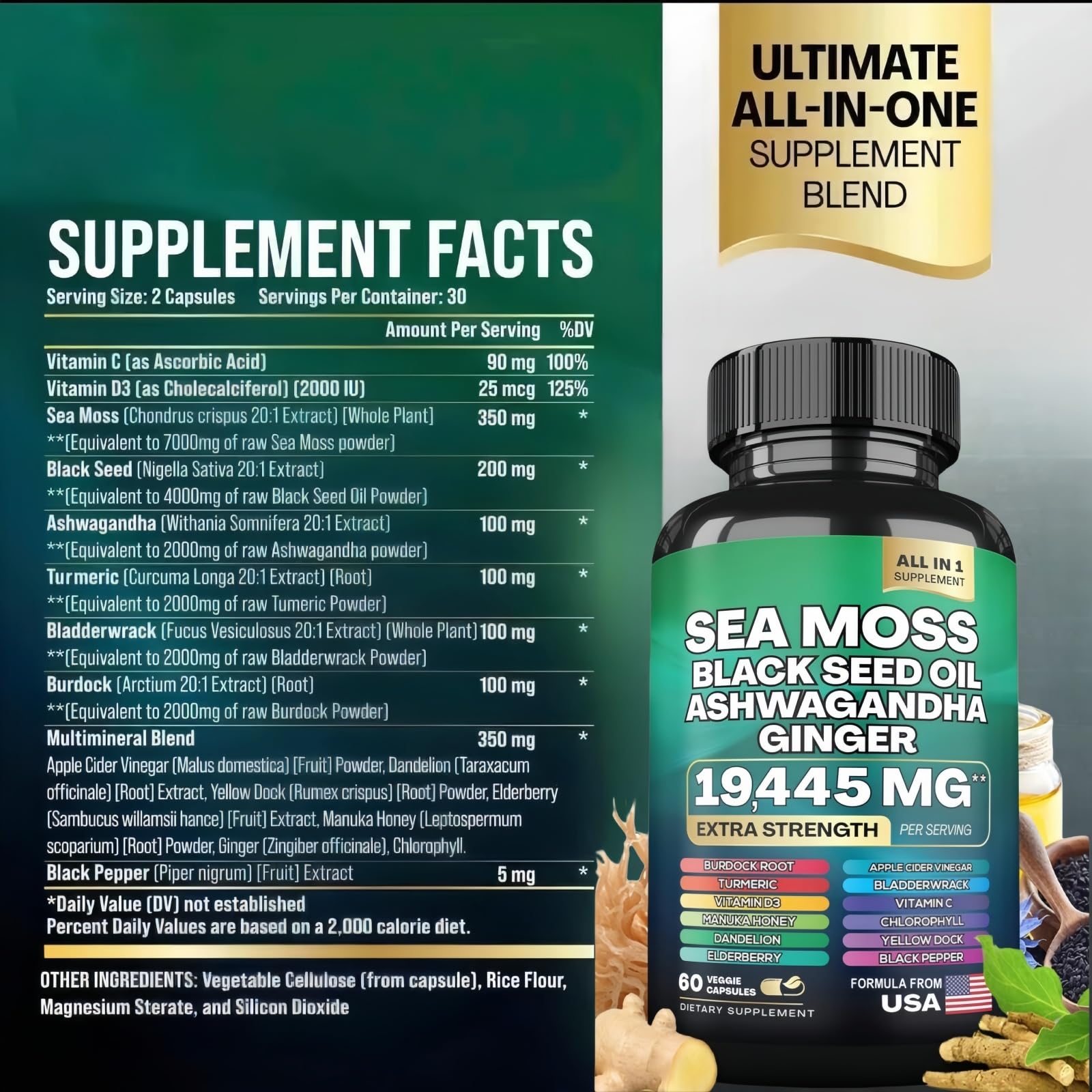 HealthyFinds Sea Moss Black Seed Oil Ashwagandha Ginger Capsules with Turmeric Bladderwrack Burdock & Vitamin C Vitamin D3 with Elderberry Manuka Dandelion Yellow Dock Iodine Chlorophyll ACV HealthyFinds uk supplements