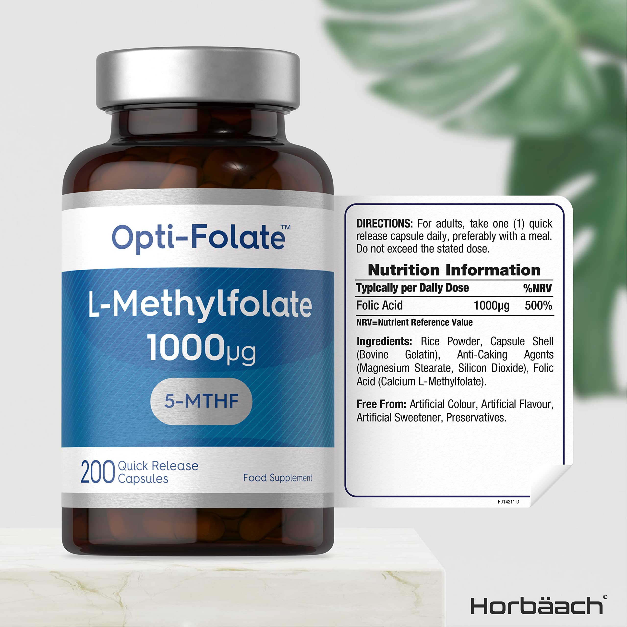 L-Methylfolate 1000ug | 200 Capsules | 5-MTHF Folate Supplement | Active Form Horbäach uk supplements