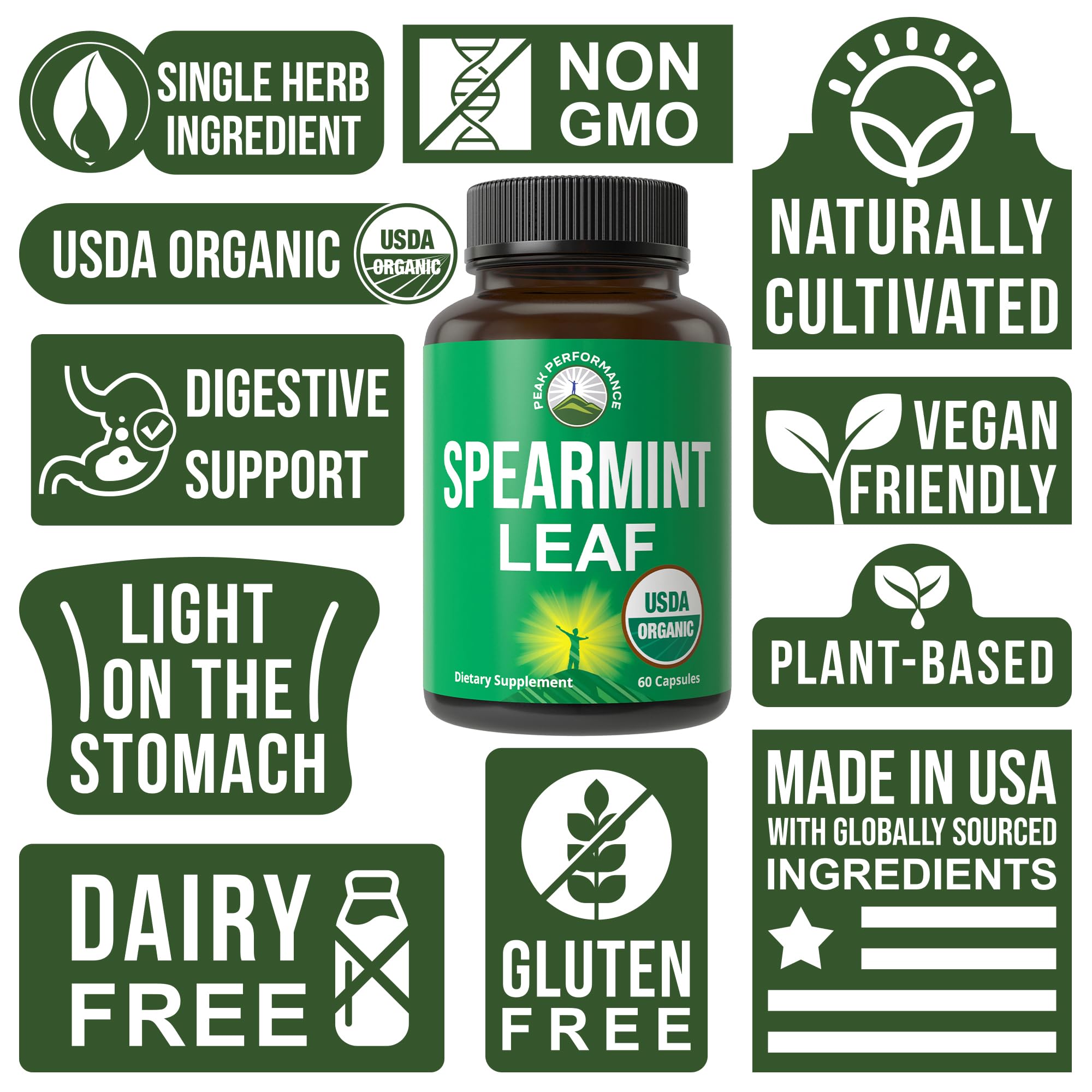 Peak Performance USDA Organic Spearmint Capsules. Organic Vegan Spearmint Leaf Pills for Digestive Support, Ingestion, and More. USA Tested Supplement for Women and Men. Peak Performance uk supplements
