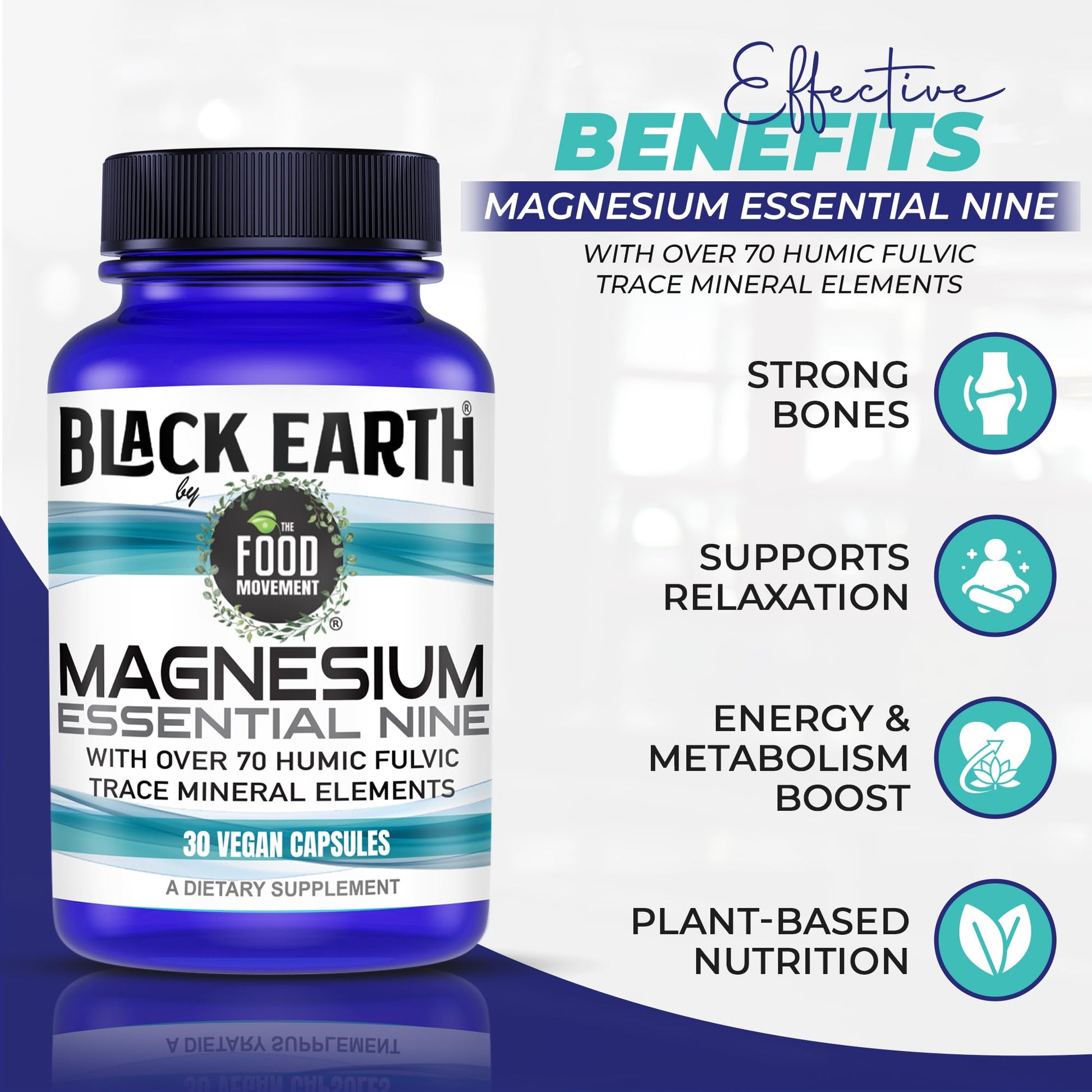 The Food Movement Co. Black Earth Magnesium Essential Nine - Vegan Capsules with Magnesium Glycinate, Citrate, Malate and More - 9 Bioactive Forms for Optimal Health (30 Count) THE FOOD MOVEMENT CO. uk supplements