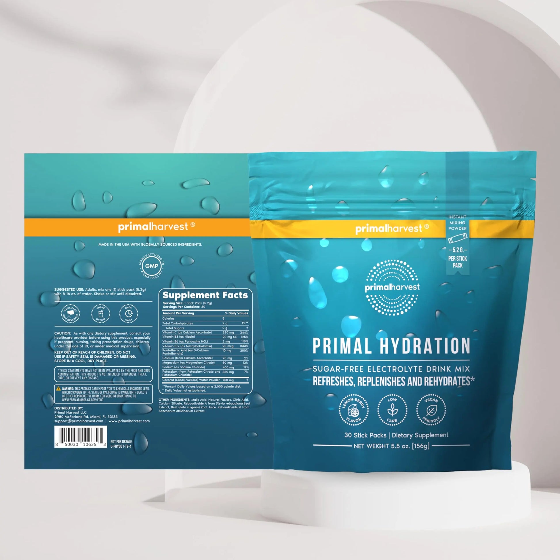 Primal Harvest Electrolytes Powder Packets Primal Hydration, Easy Open Packets, Energy Drink Mix (Lemon Berry, 30 Packs) (1 Bag) Primal Harvest uk supplements