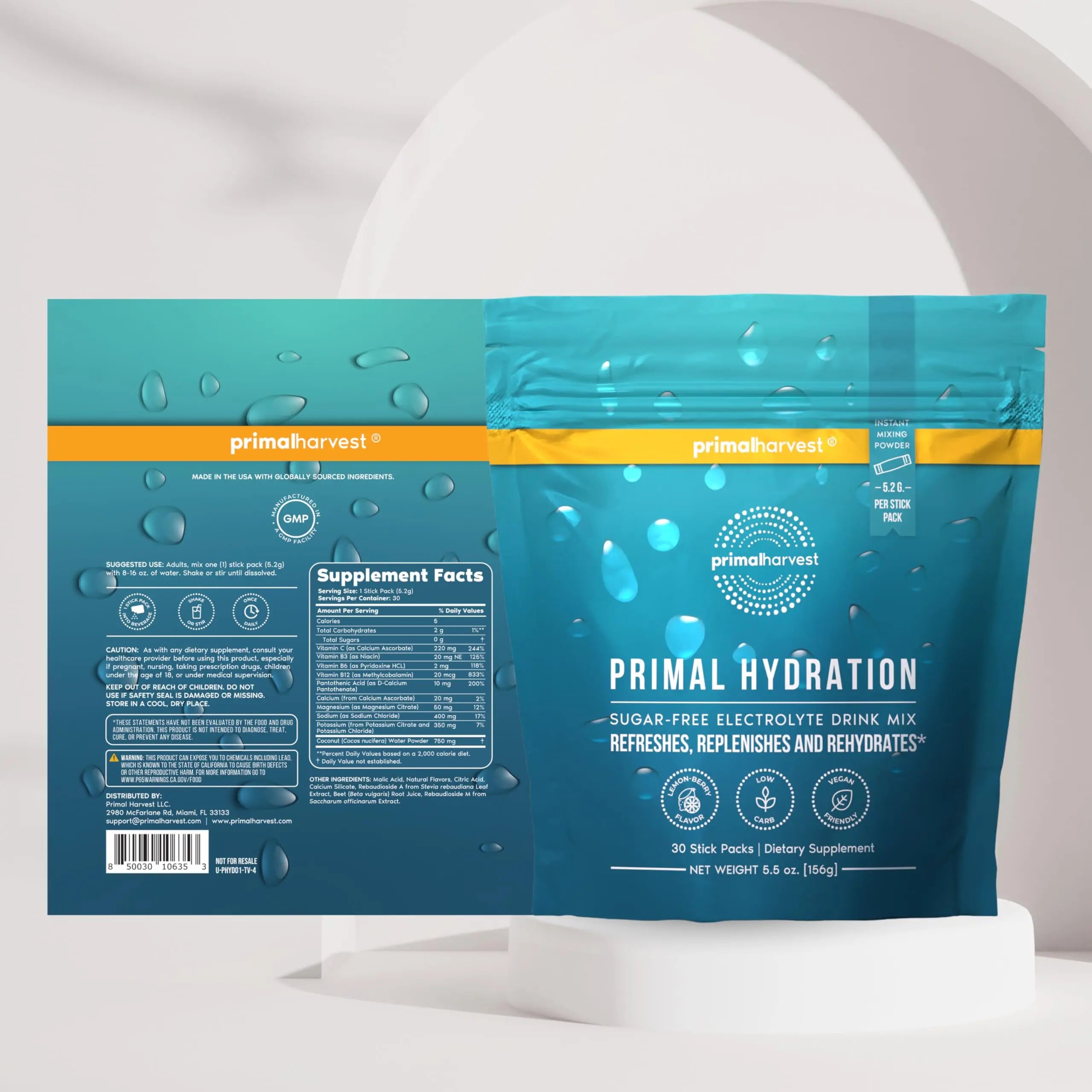Primal Harvest Electrolytes Powder Packets Primal Hydration, Easy Open Packets, Energy Drink Mix (Lemon Berry, 30 Packs) (1 Bag) Primal Harvest uk supplements