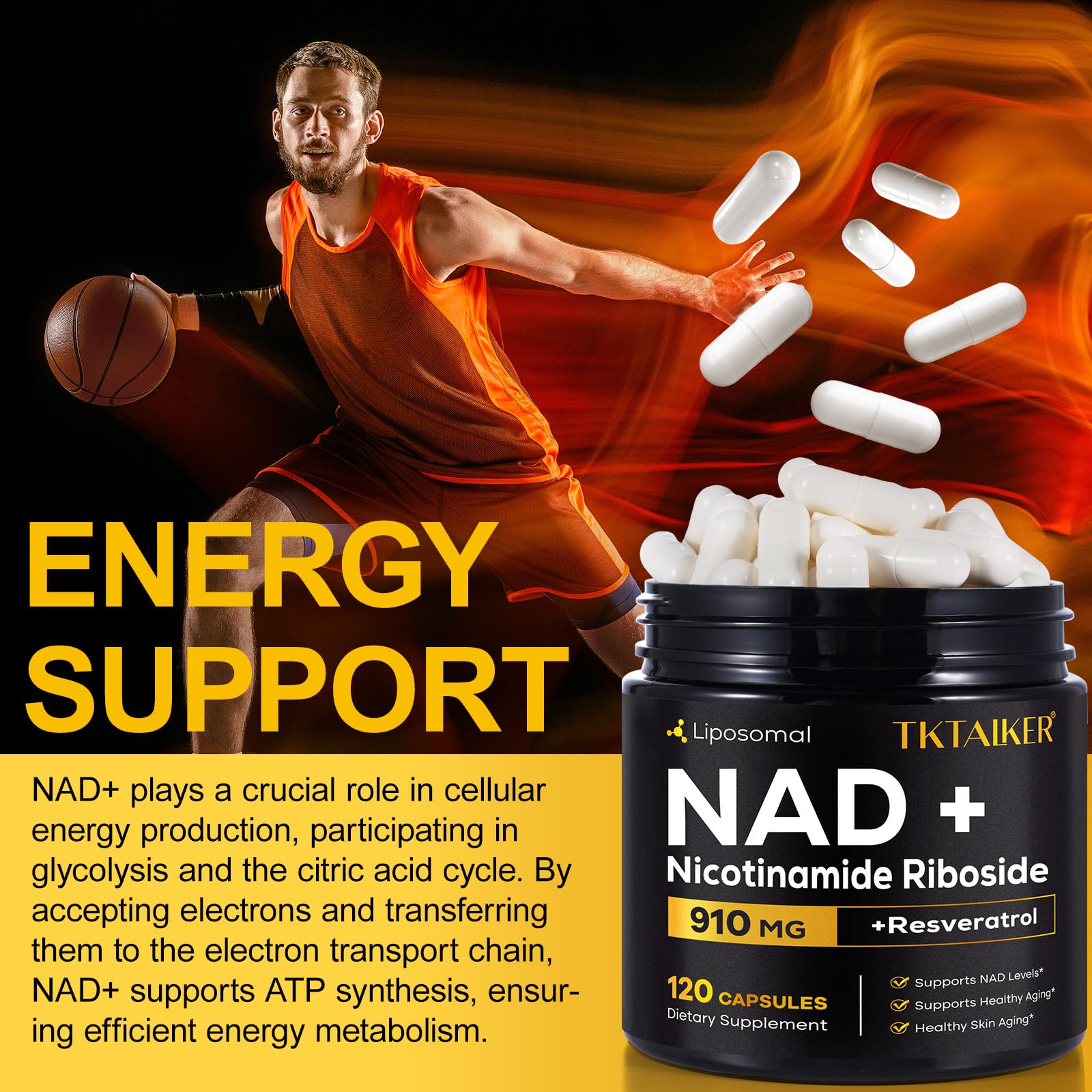 TKTALKER NAD Supplement, 910MG Liposomal Nicotinamide Riboside with Resveratrol & Quercetin, Anti-Aging, Cellular Energy, Mental Focus & Stamina & Healthy, Women & Men, 120 Capsules TKTALKER uk supplements