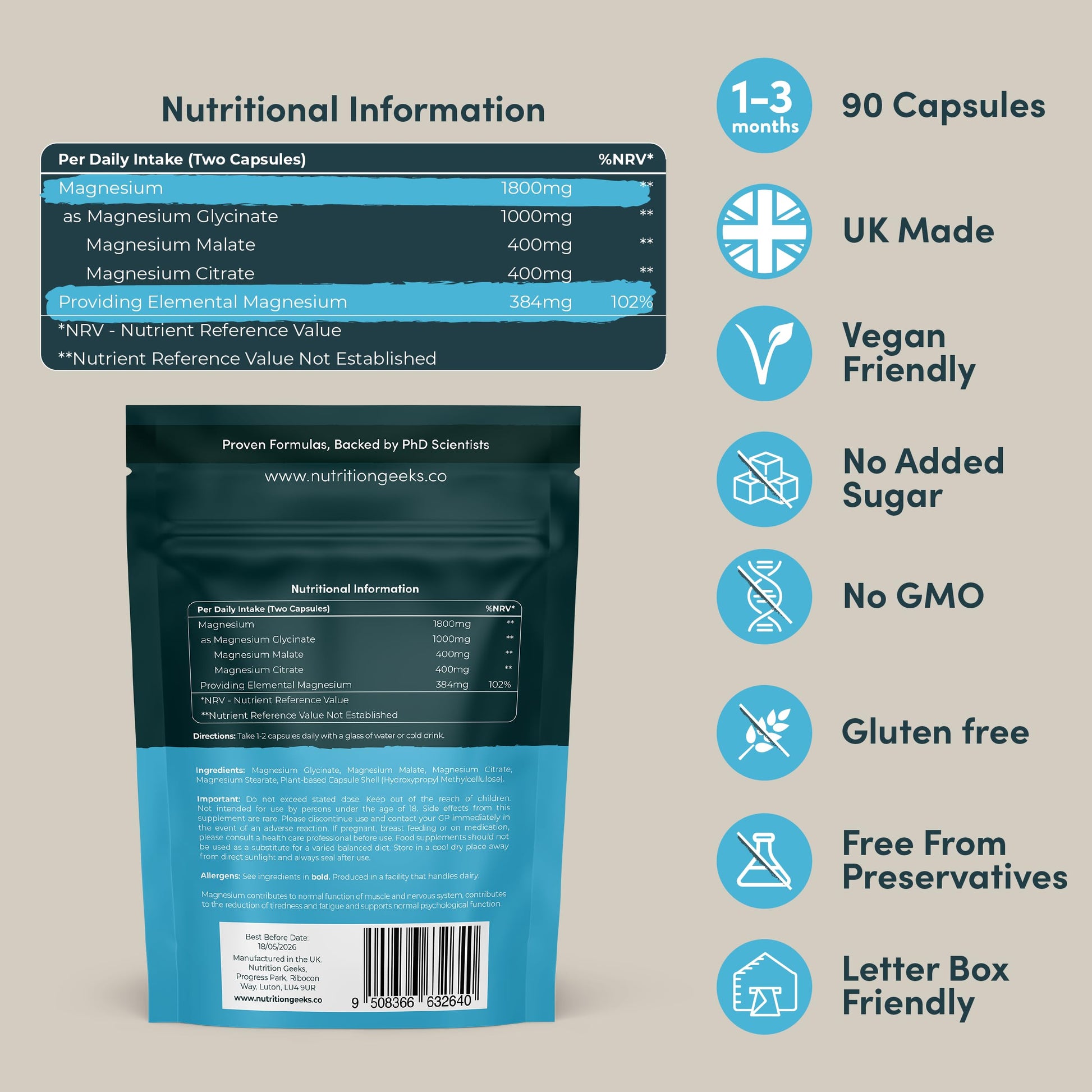 Magnesium Glycinate 3-in-1 Complex - 1800mg Supplements as Bisglycinate, Citrate Nutrition Geeks uk supplements