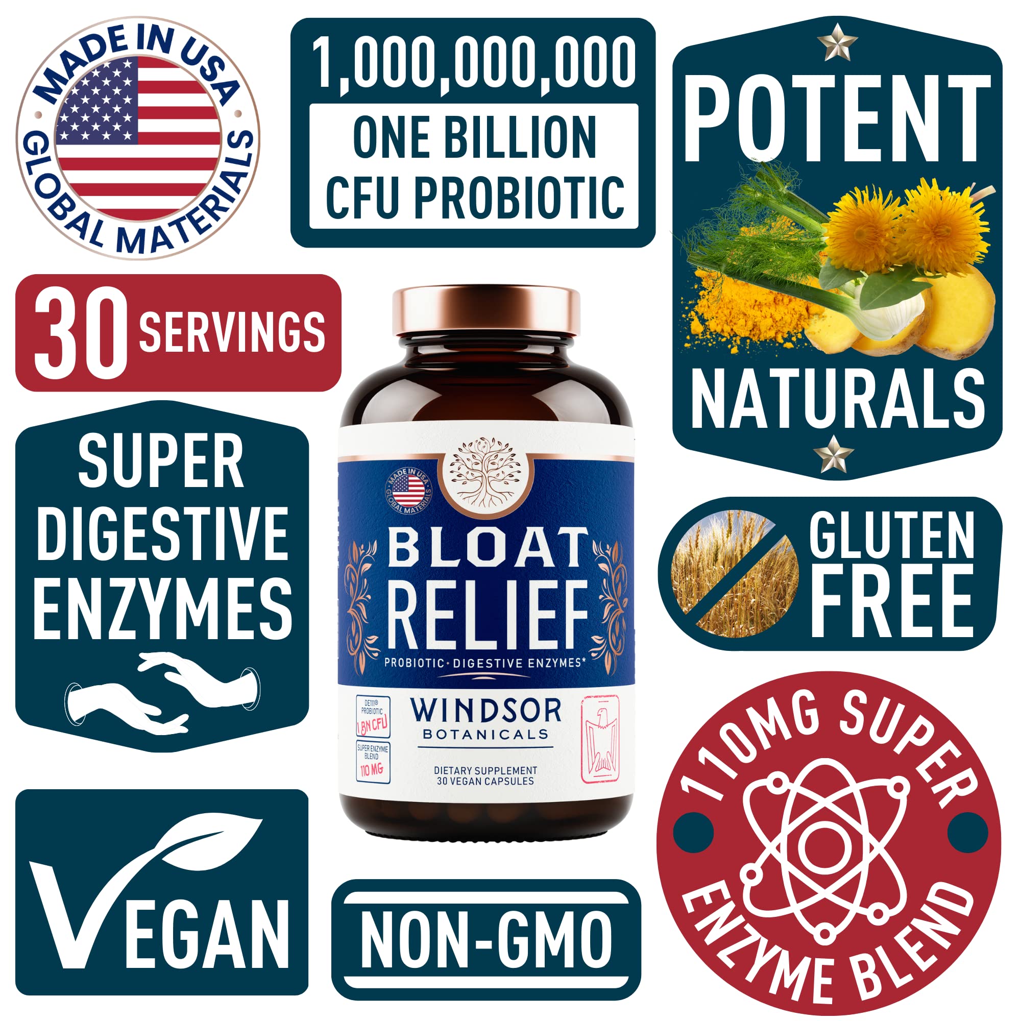 Bloat Relief Probiotic and Digestive Enzymes - Anti Bloating Turmeric, Fennel, Bromelain IBS Supplement - Detox Debloat Capsules Gas - Bloating Relief for Women and Men - 30 Gut Health Pills WINDSOR BOTANICALS uk supplements