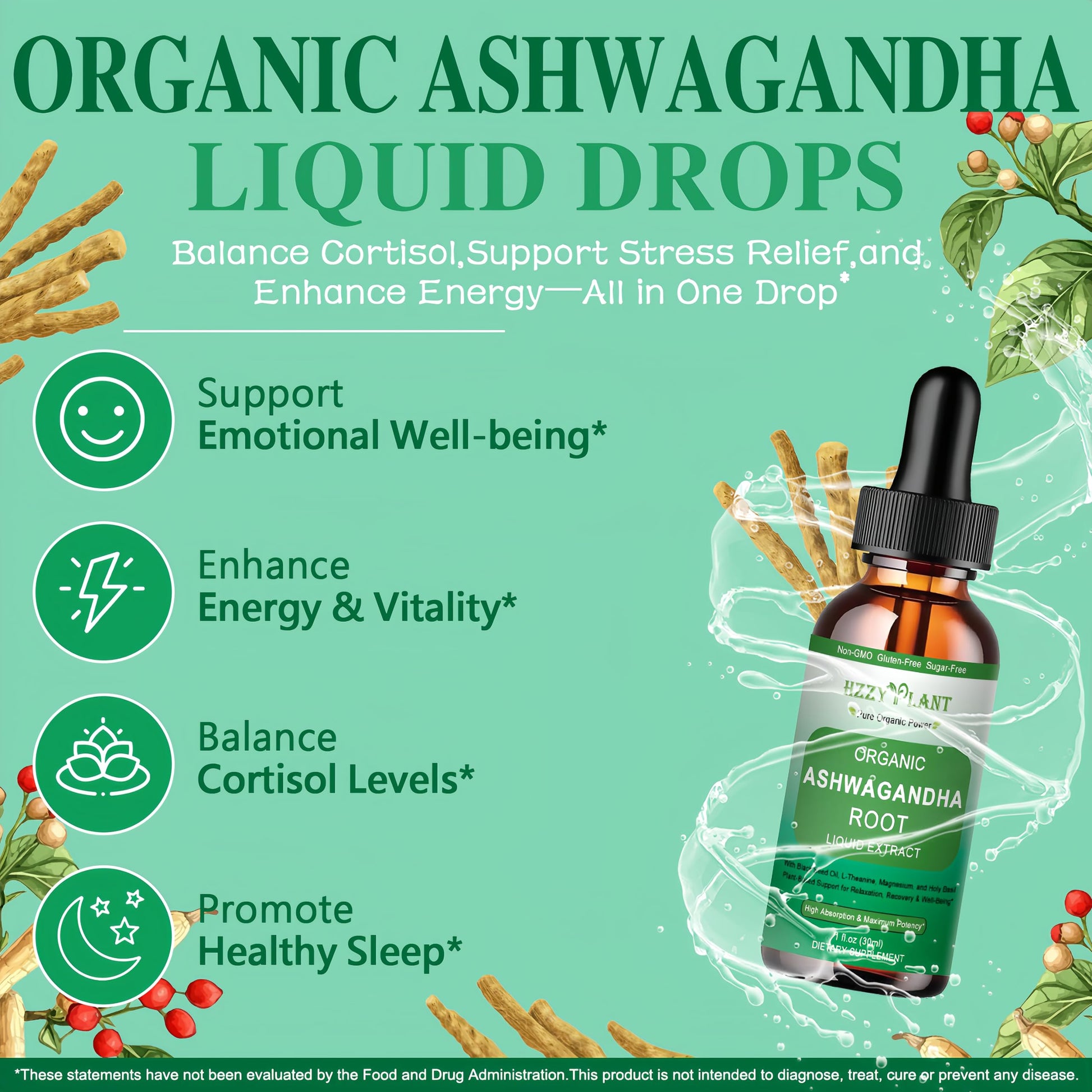 Organic Ashwagandha Drops,High Absorption Ashwagandha Extract Tincture for Stress Relief,Relaxation,Cortisol Support,Ashwagandha for Women & Men with Magnesium,L Theanine,Black Seed Oil,Vegan,Non-GMO HZZYPLANT uk supplements