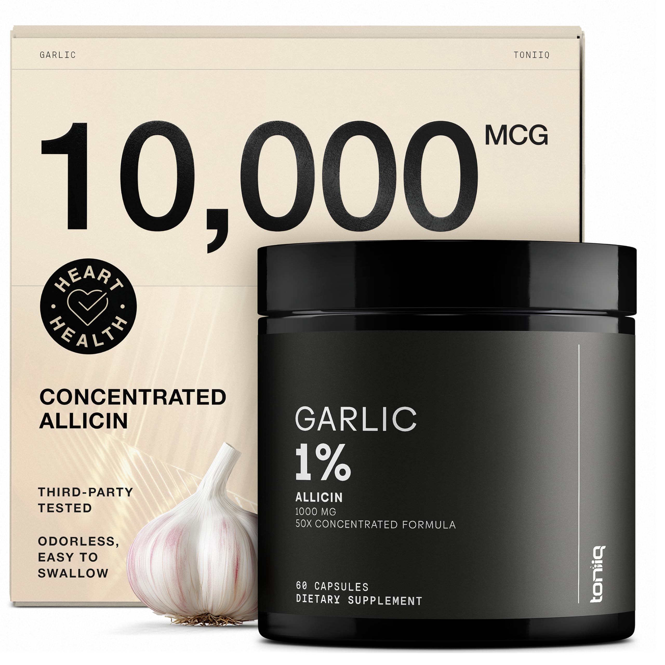 Toniiq Garlic Capsules with 10,000mcg Allicin - Odorless - 50:1 Extract for Maximum Potency - Third-Party Lab Tested - 60 Vegetarian Capsules Toniiq uk supplements