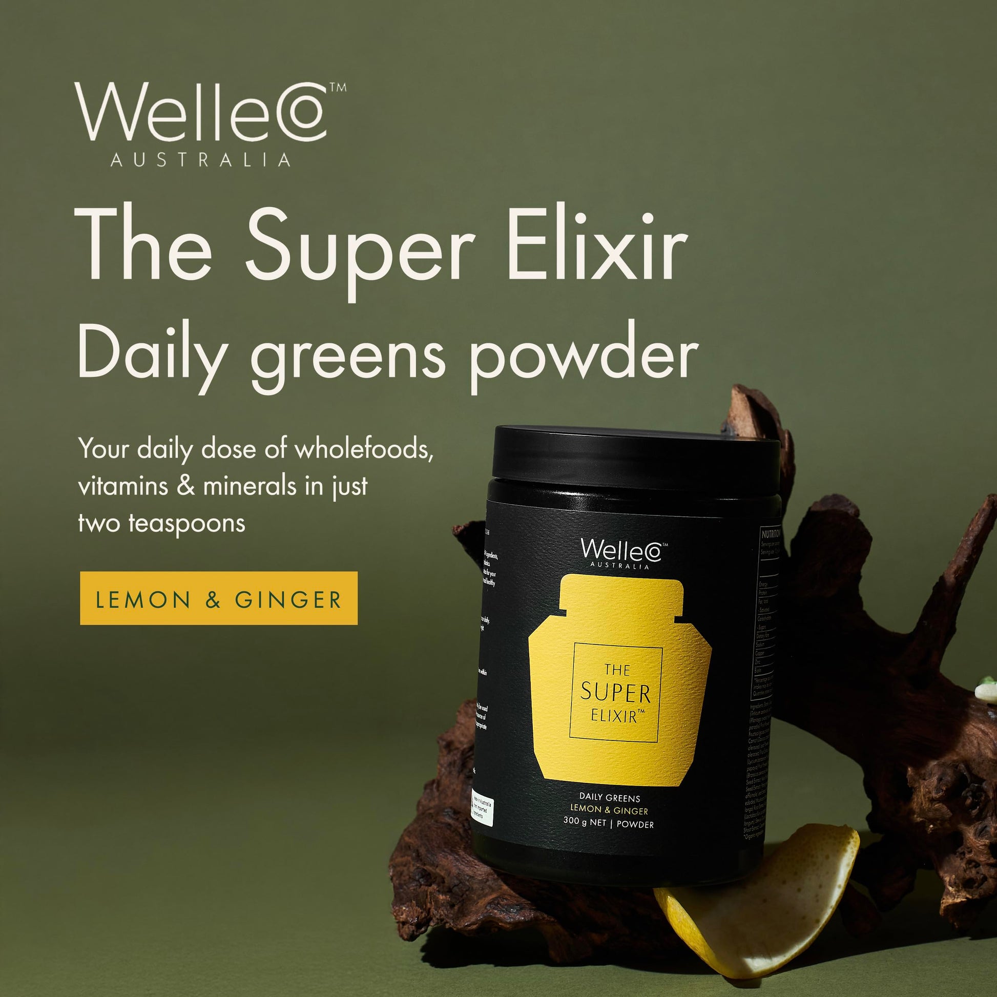 WelleCo The Super Elixir Daily Greens Powder, Probiotic Drink Mix with Whole Foods, Gluten Free, Vegan Gut Health Powder, Energy, Immunity, Healthy Skin, Hair & Nails (300g, Lemon Ginger) WelleCo uk supplements