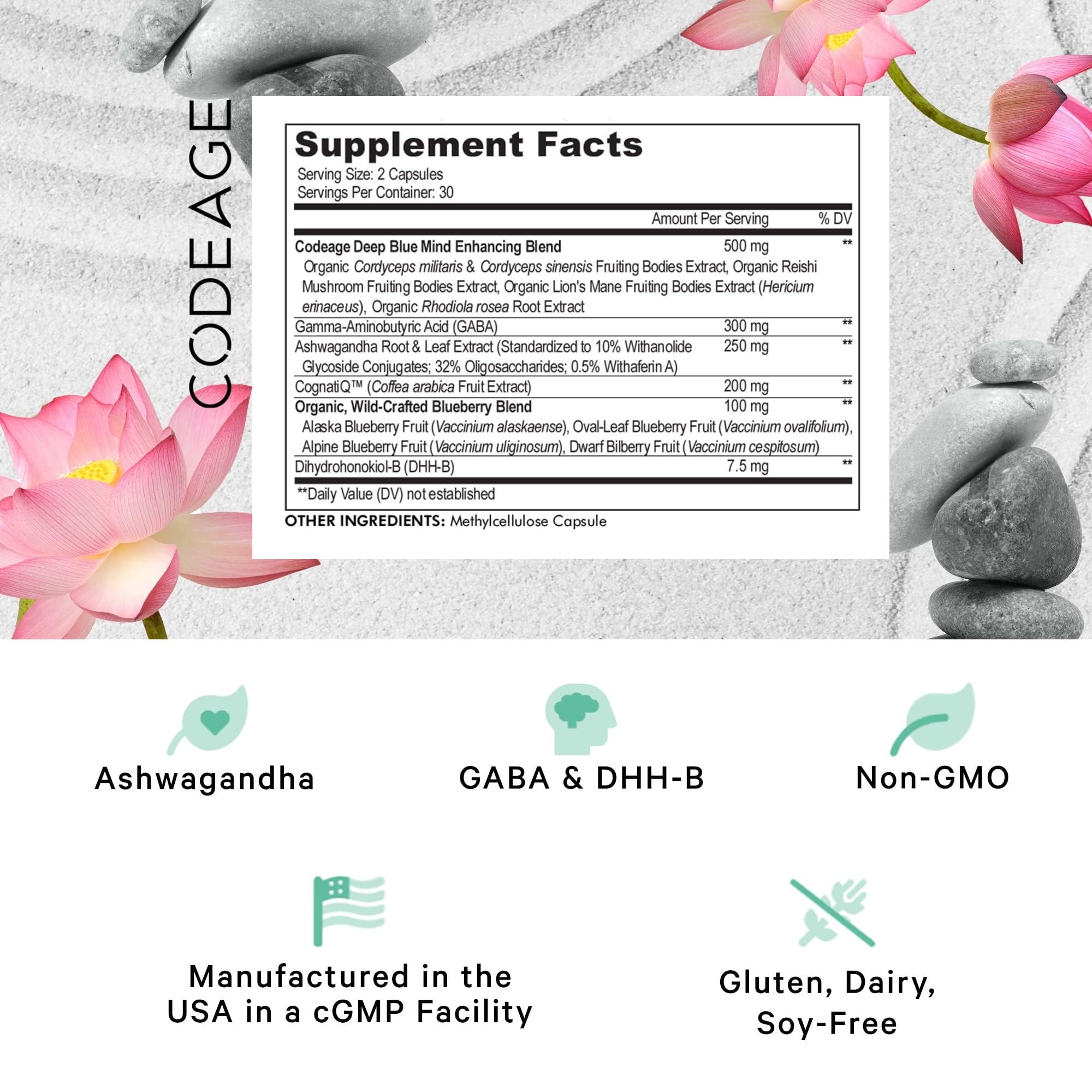 Codeage Meditate Vitamins+ Supplement - CognatiQ, DHH-B, GABA, Ashwagandha, Organic Mushrooms, Blueberries - BDNF Brain Pills and Neuroprotein - Vegan, Non-GMO, Gluten-Free - 60 Capsules Codeage uk supplements