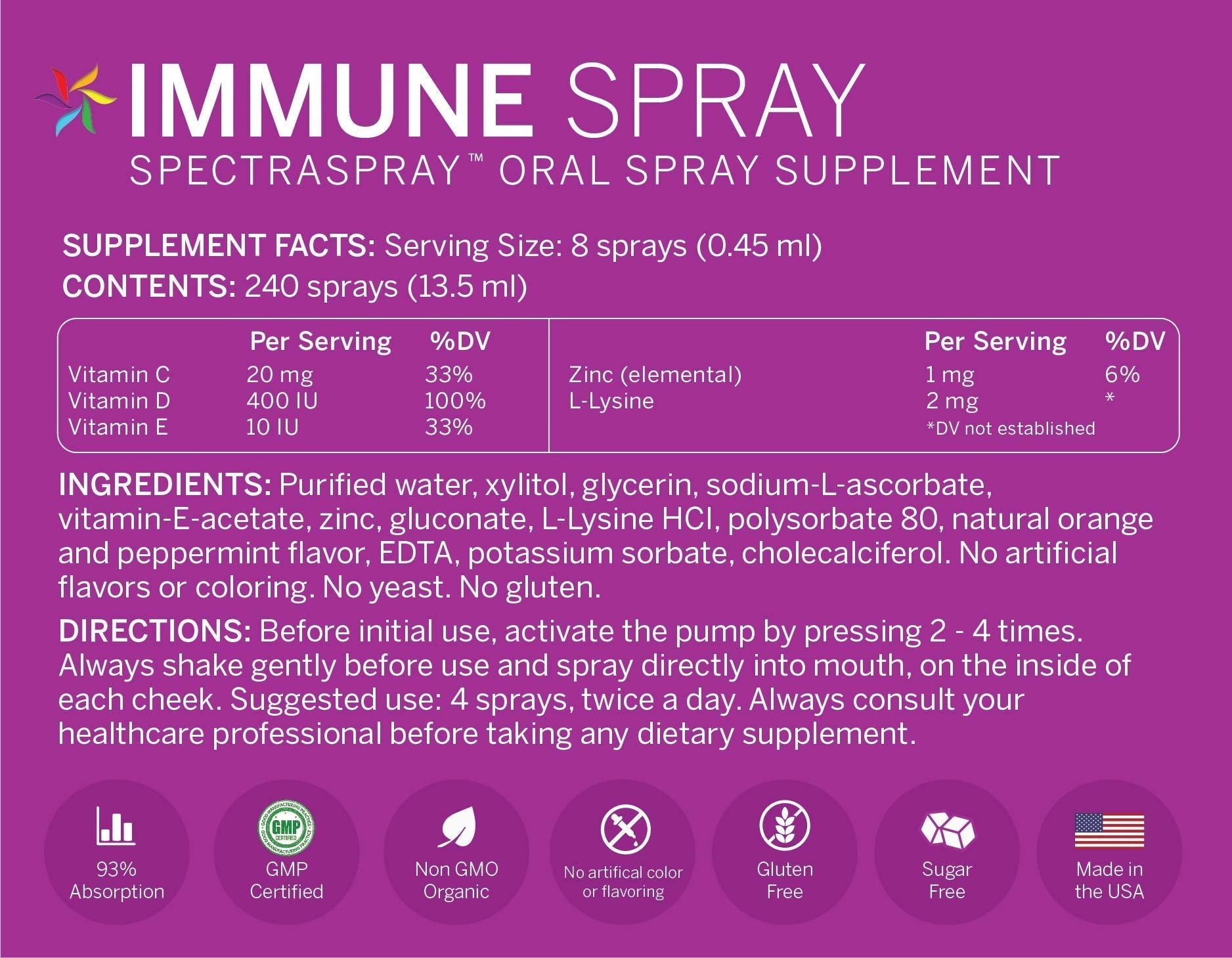 Spectraspray Immune Support Vitamin Spray - Vitamins C, E, Zinc and L-Lysine, 30 Day Supply per Spray Spectraspray uk supplements