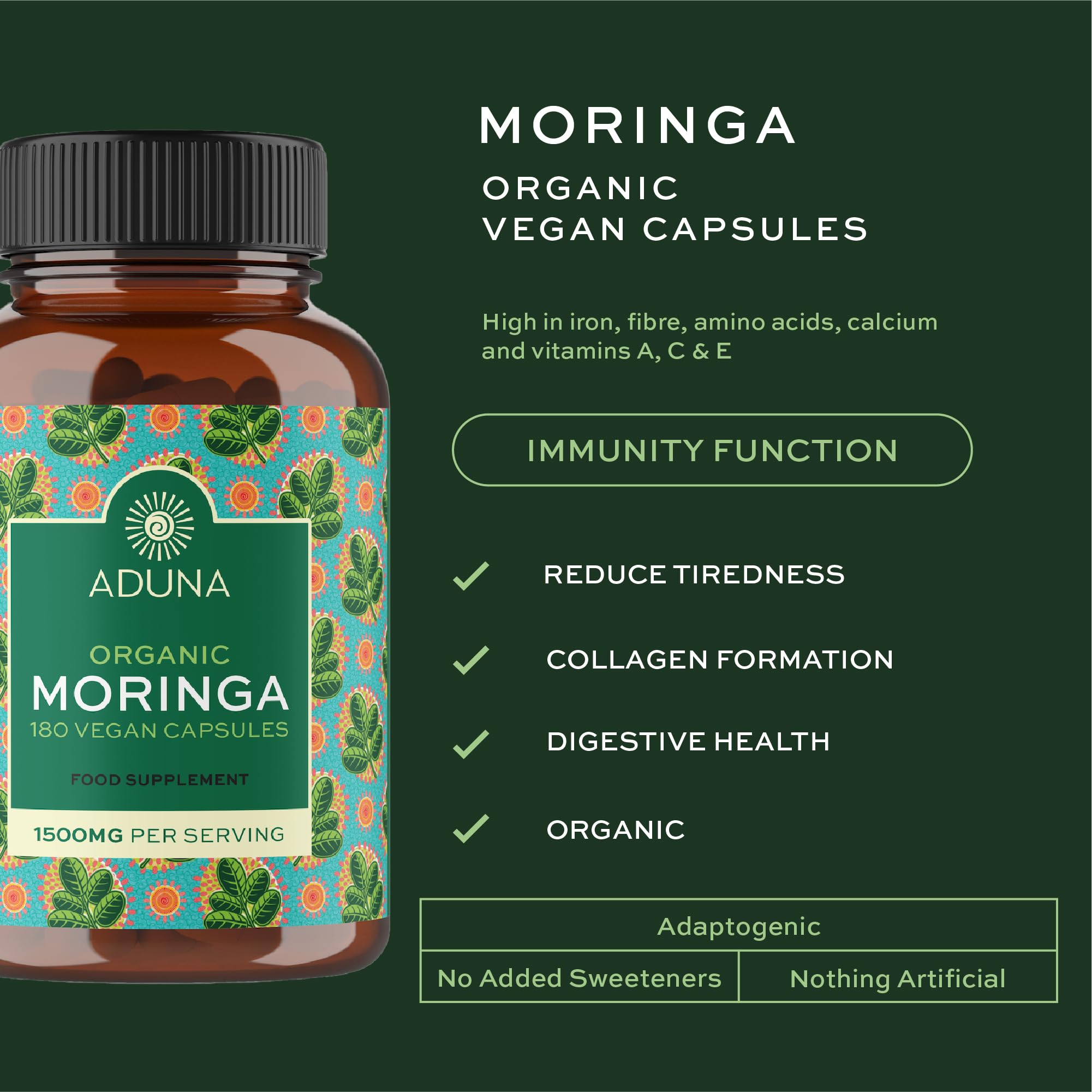 Aduna Organic Moringa Capsules 1500mg | 100% Pure Moringa Leaf for Energy, Immunity & Focus | Natural Plant-Based Food Supplement for Tiredness, Recovery & Breastfeeding | 180 Vegan Capsules Aduna uk supplements