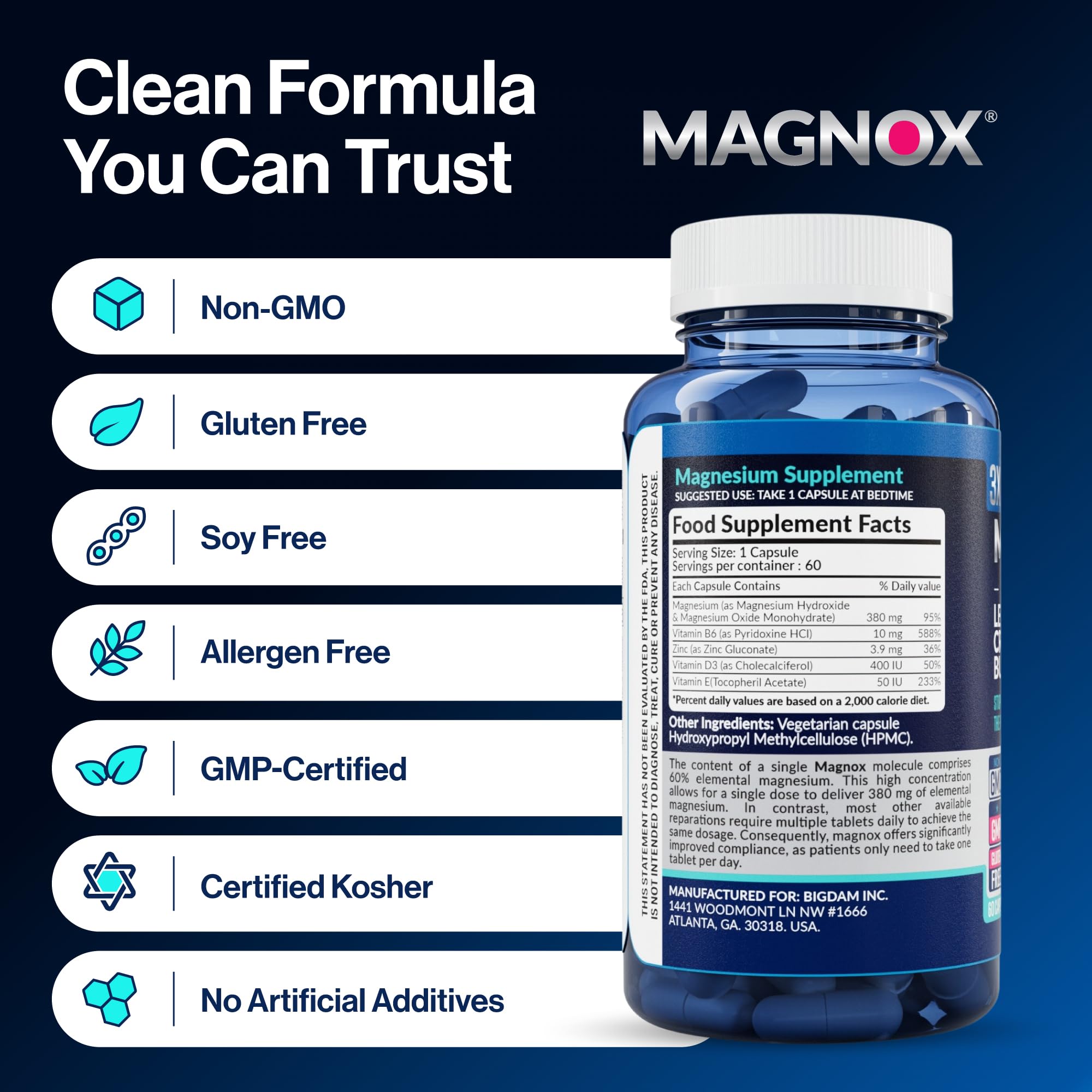 MAGNOX® Buster | Patented Clinically Tested 380mg Magnesium Supplement for Spasms & Leg Cramps at Night | One Capsule a Day for Almost Full Dosage | 3X More Absorption | Dead Sea Minerals (60 Caps) MAGNOX uk supplements