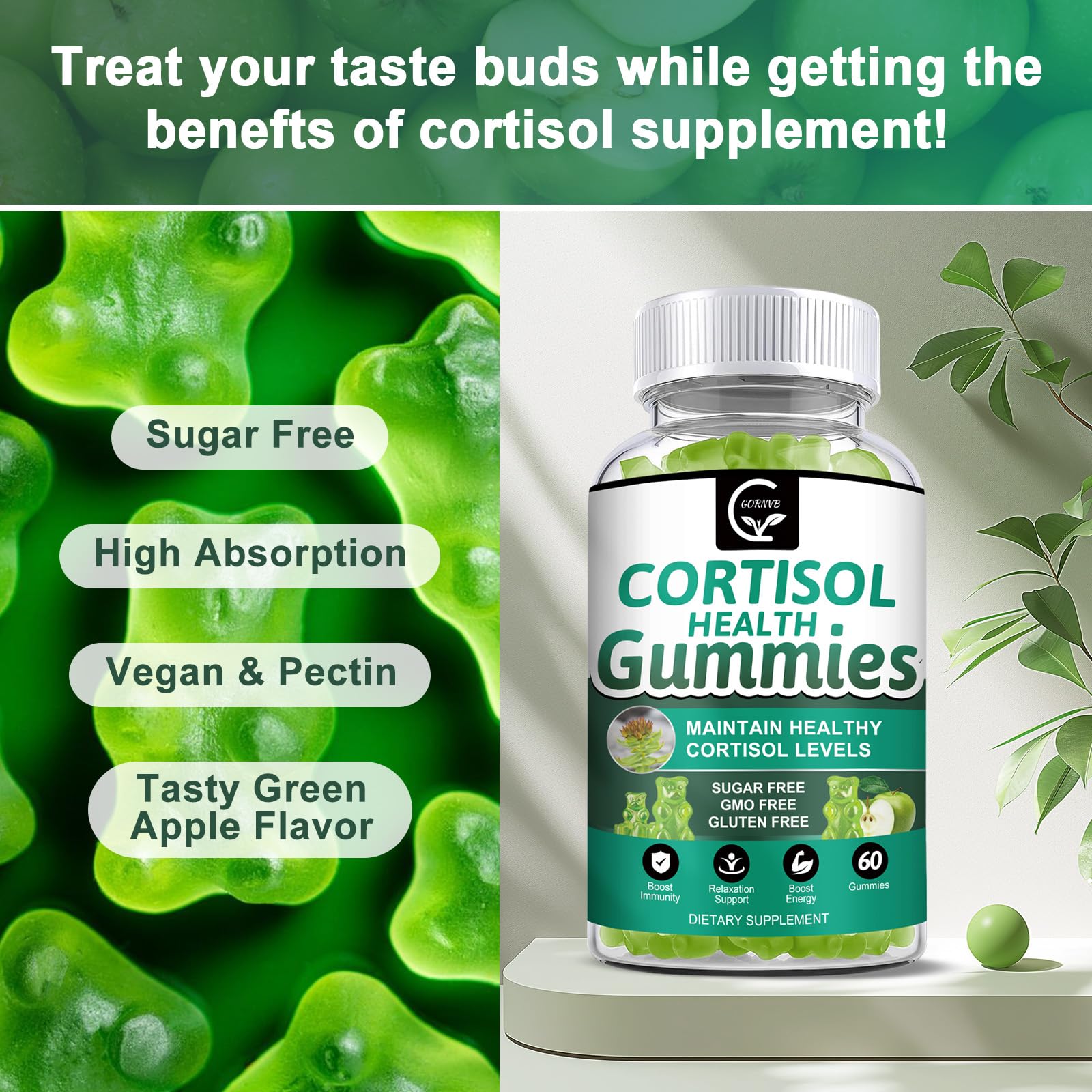 GORNVB Cortisol Gummies, Cortisol Supplement for Women with Magnesium, Ashwagandha, Rhodiola, Phosphatidylserine, L-Theanine, Black Pepper, Vitamin C & B6 - Relaxation, Focus, Sleep Support - 2 Pack GORNVB uk supplements