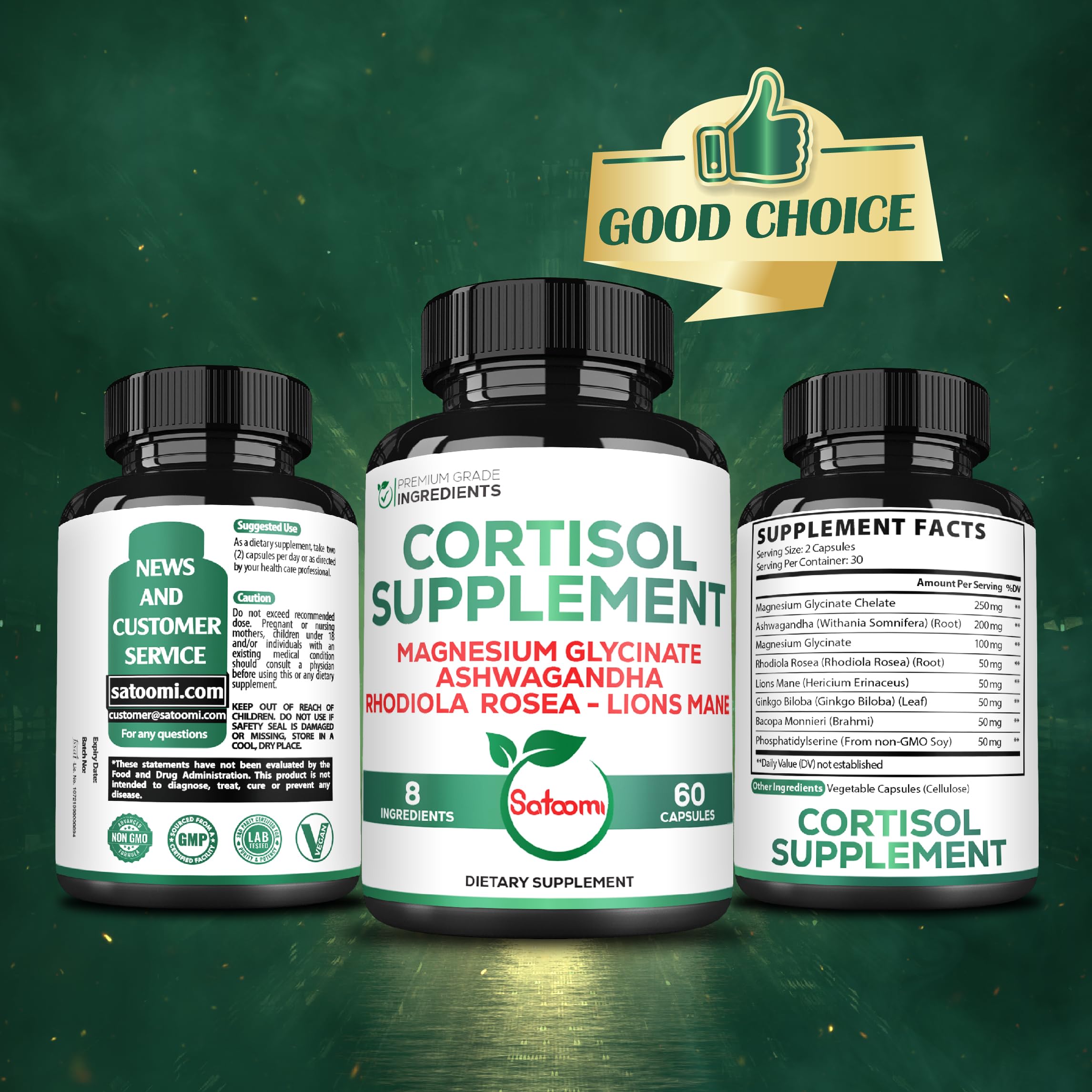 Satoomi 8in1 Cortisol Manager with Magnesium Glycinate, Ashwagandha, Rhodiola Rosea, Lions Mane & More - Cortisol Reducer Supplement Men & Women - 60 Capsules Satoomi uk supplements