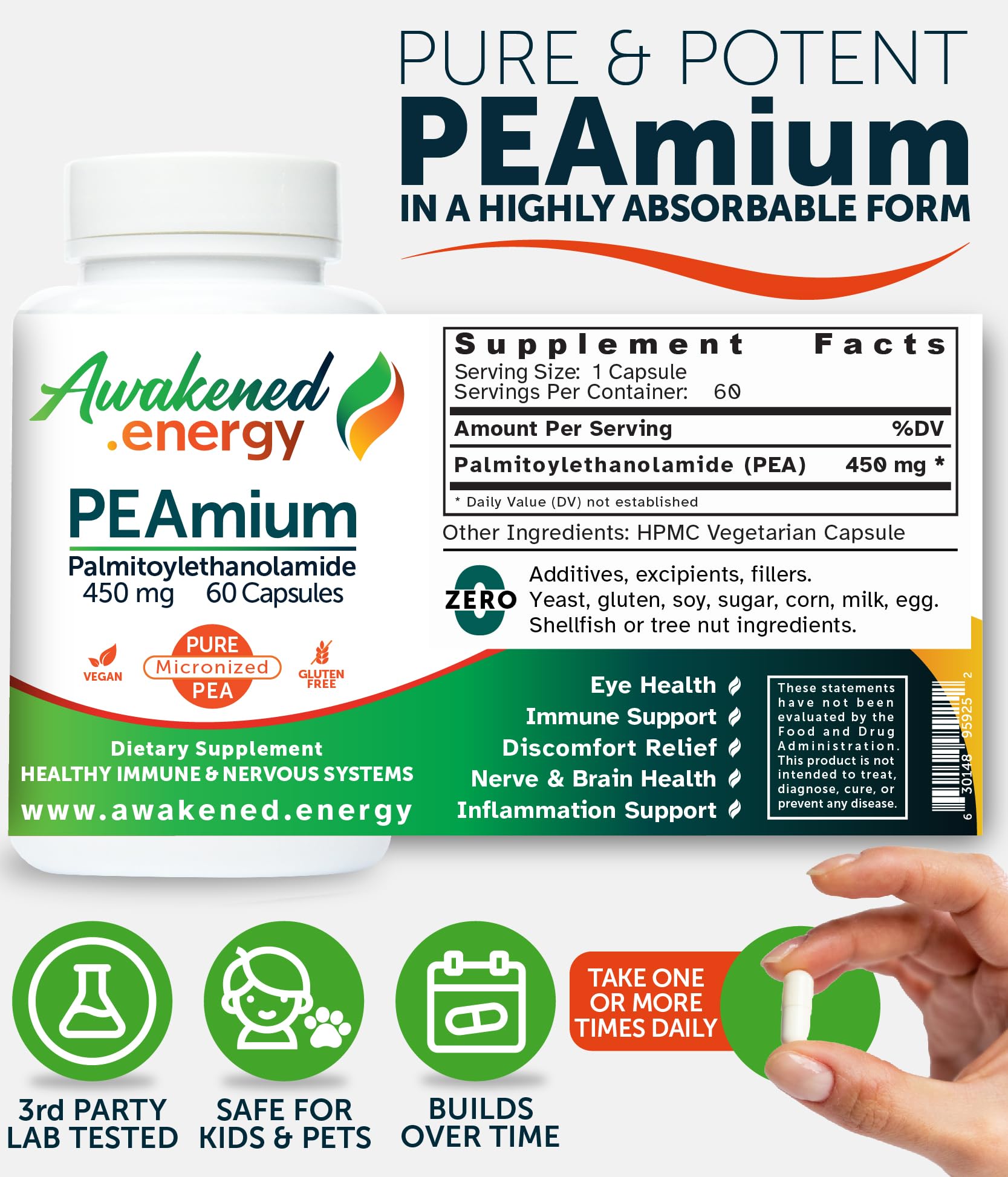 Palmitoylethanolamide 450mg Comfort Mobility Nerves Cognitive & Immune Support - Micronized High Absorption - All Natural Pea - USA Made - No Additives or Excipients – 60 Vegan Capsules Supplement Awakened.energy uk supplements