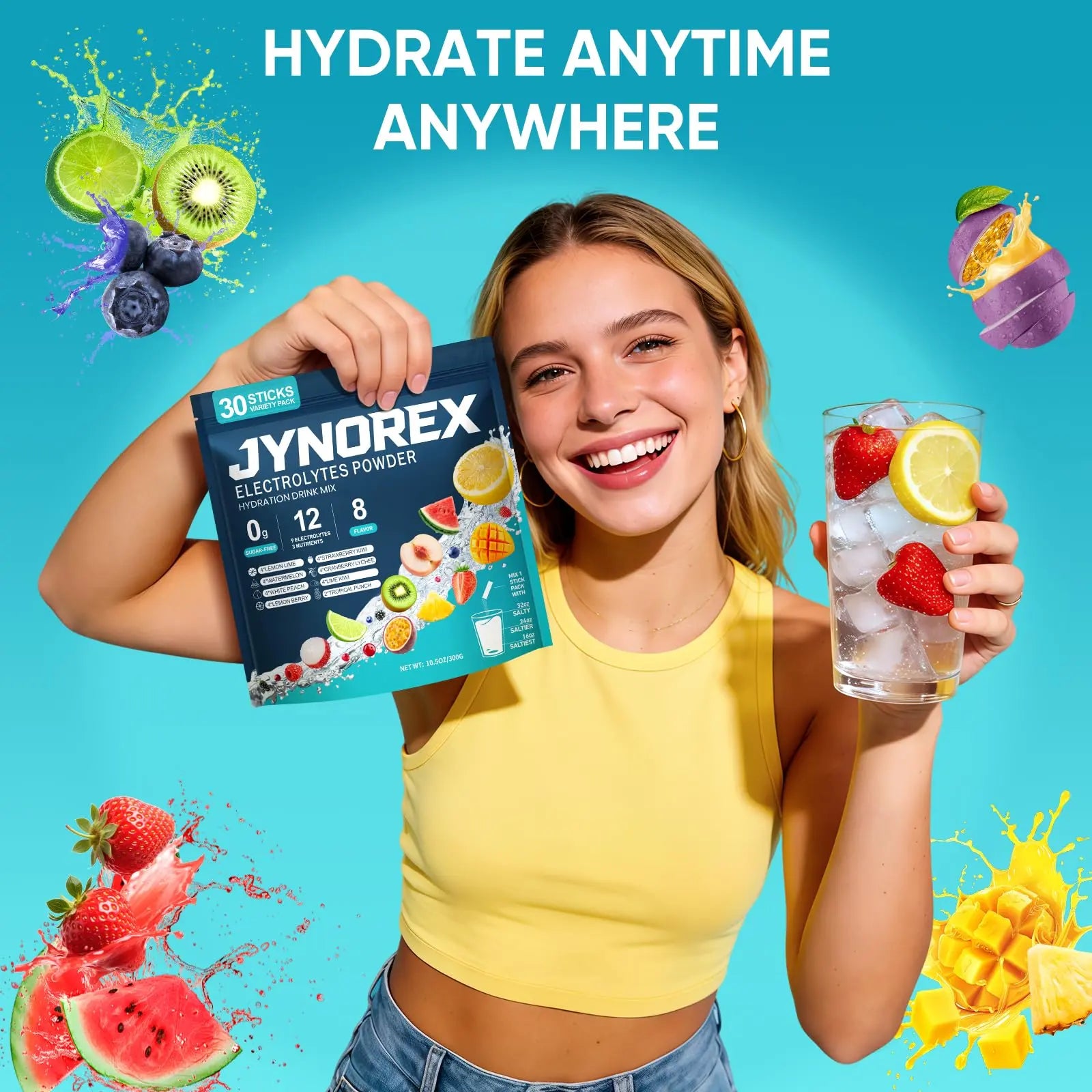 JYNOREX Electrolytes Powder Packets Sugar Free, 30 Sticks High Sodium Hydration Packets, Electrolyte Drink Mix with Lemon Lime Watermelon Peach Berry Kiwi JYNOREX uk supplements