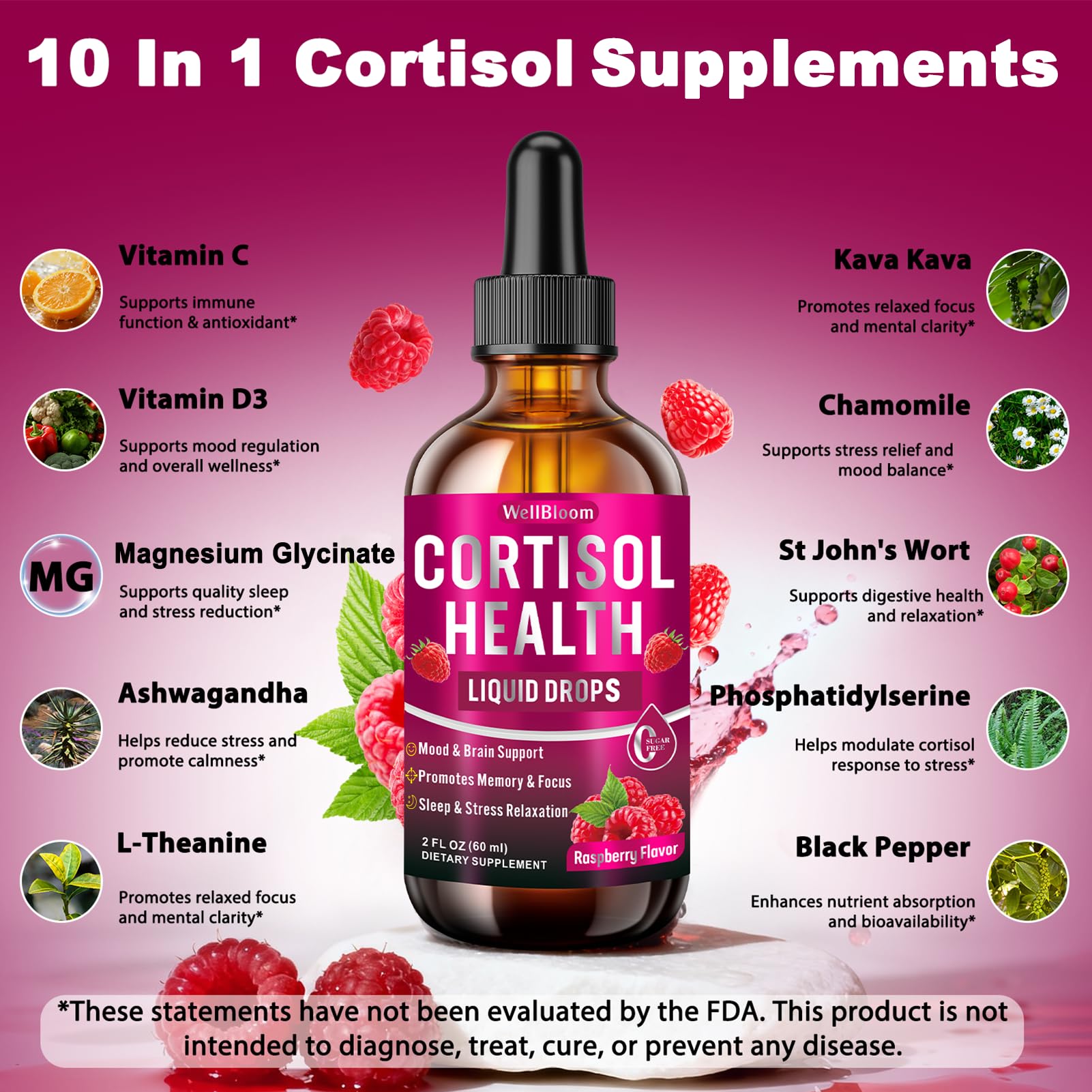 WellBloom Cortisol Reducer for Women & Men with Magnesium Glycinate, Ashwagandha, L-Theanine - Supports Stress Relief, Sleep & Heart Health, Nerves, Muscles - 2 Fl Oz WellBloom uk supplements
