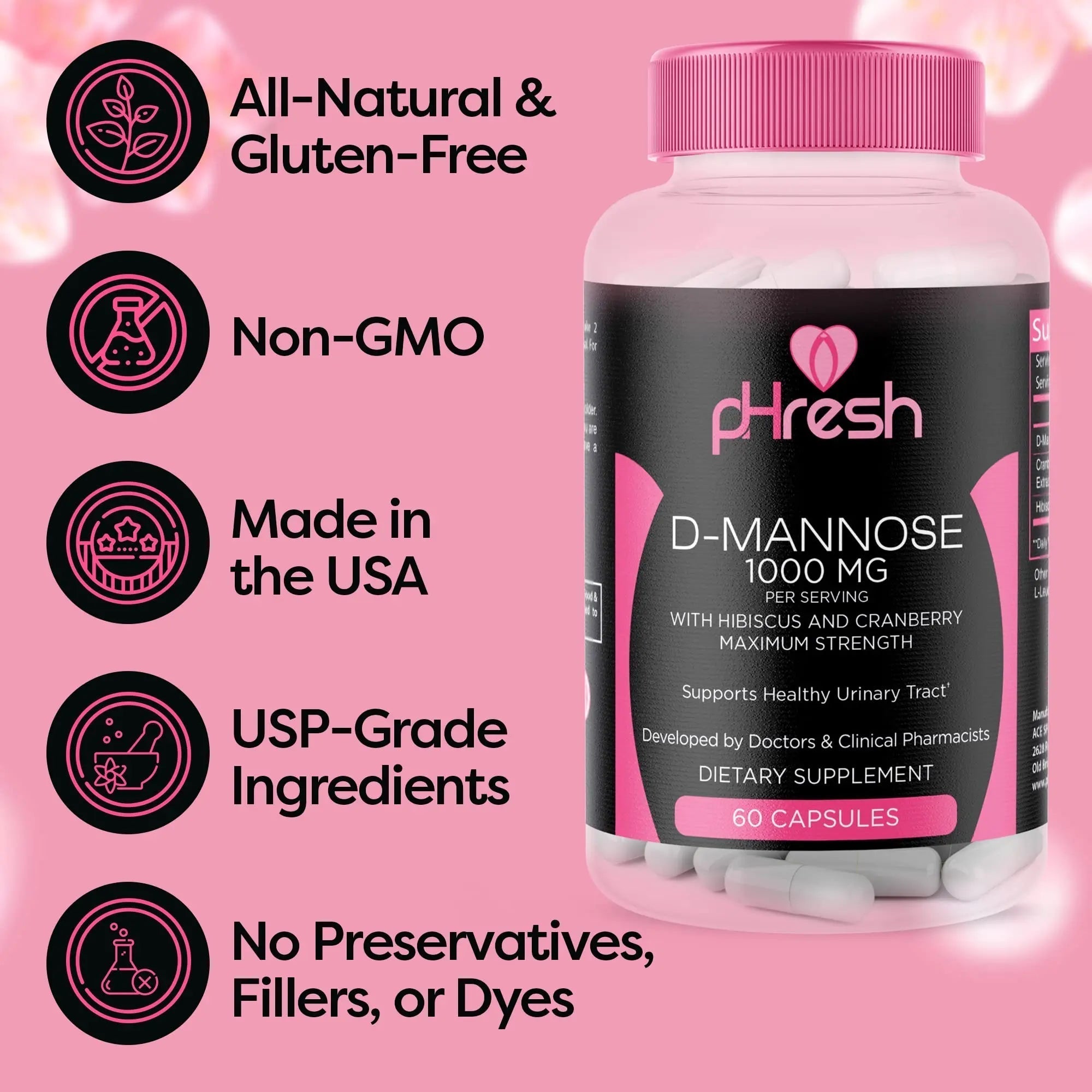 ACE NUTRITION pHresh D-Mannose with Cranberry Capsules for Women and Men, Maximum Strength 1000 mg Per Serving - Supports: Urinary Tract Health - Made in The USA ACE NUTRITION uk supplements