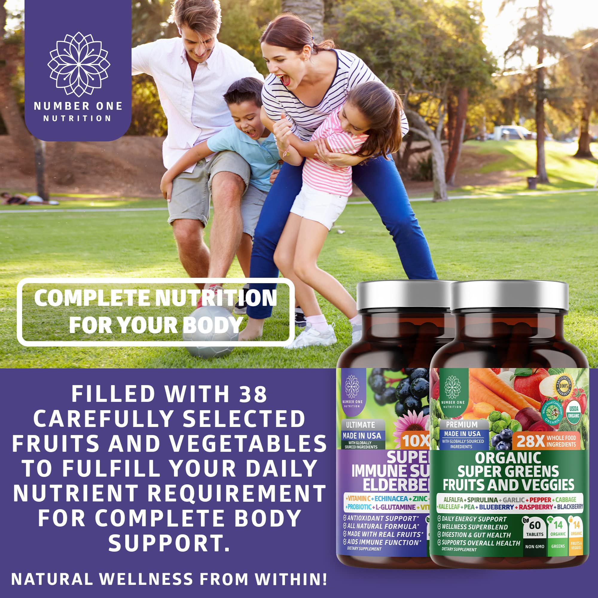 N1N Premium Organic Super Fruits & Veggies + Immune Support [38 Powerful Ingredients], Natural Super Greens Supplement with Alfalfa, Vitamins & Minerals, Zinc, Turmeric and Probiotic, 120 Caps Number One Nutrition uk supplements