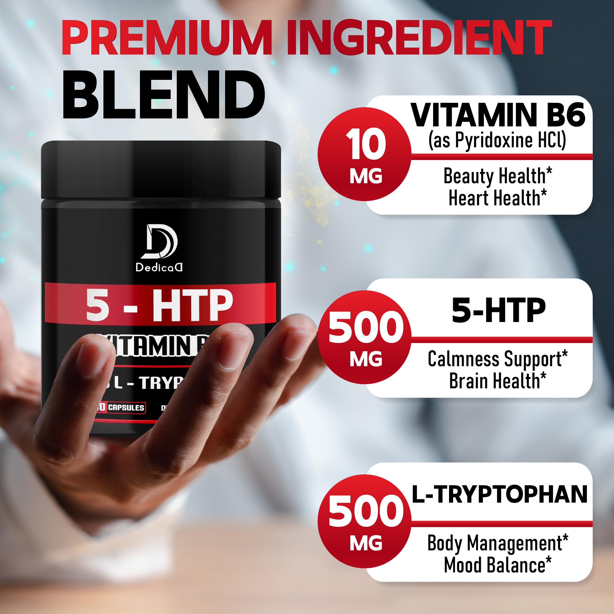 DEDICAD 5 HTP Supplement 1010mg - 60 Capsules - 3in1 Combined with Vitamin B6, L-Tryptophan - Comfortable Mood, Brain Health, Body Management & Immune System Support DEDICAD uk supplements
