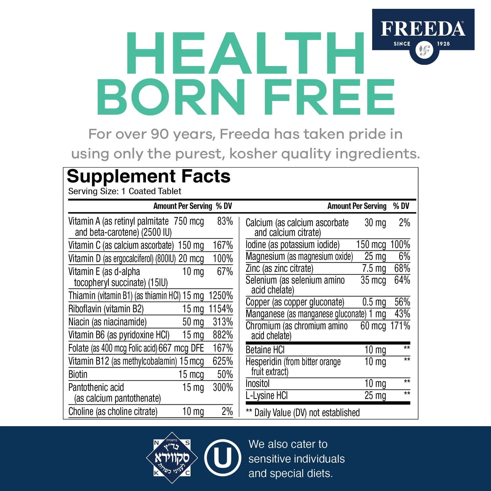Freeda Senior Multivitamin - Kosher Vitamins for Men & Women 60 and Over - One Daily Coated Tablet - Women’s & Men’s Vitamins Multivitamin 60 Plus FREEDA uk supplements