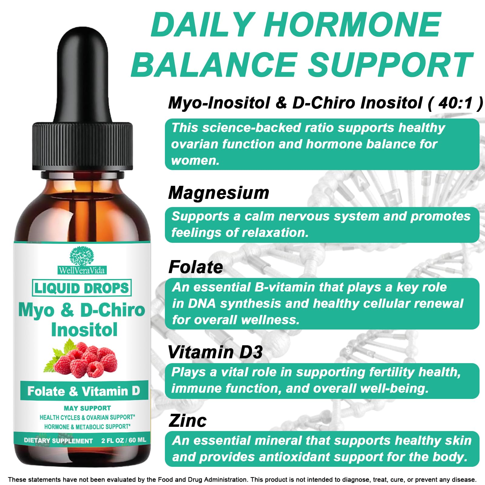 Myo Inositol & D-Chiro Inositol Supplement Liquid for Women- Ideal 40:1 Ratio Inositol Drops with MTHF Folate, Magnesium, Vitamin D, Supports Hormone Balance, Regular Cycles & Ovarian Health丨Vegan WellVeraVida uk supplements