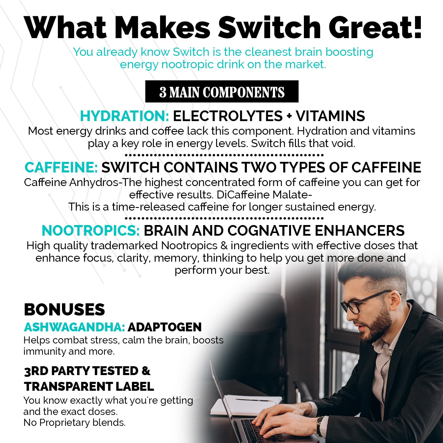 Switch, Brain Boosting Nootropic Energy Supplement Powder - Made in USA - Alpha GPC, NALT, Ashwagandha, Sugar Free Energy, Keto, Increase Mental Focus & Cognitive Function, Enhances Mood & Memory CoreBody Nutrition uk supplements