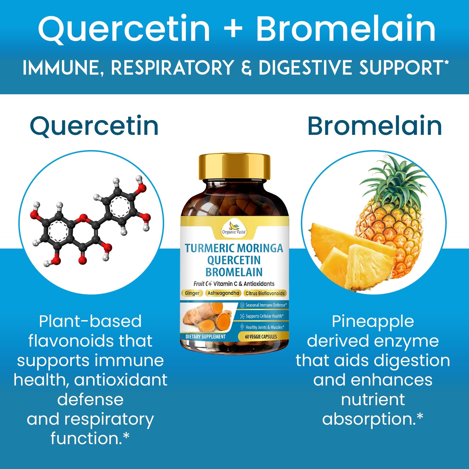 Organic Veda Turmeric Moringa Quercetin with Bromelain Capsules - Fruit C+ Vitamin C Antioxidants Immune System & Respiratory Supplement - Ashwagandha, Ginger, Citrus Bioflavonoids, 60 Vegan Capsule Organic Veda uk supplements