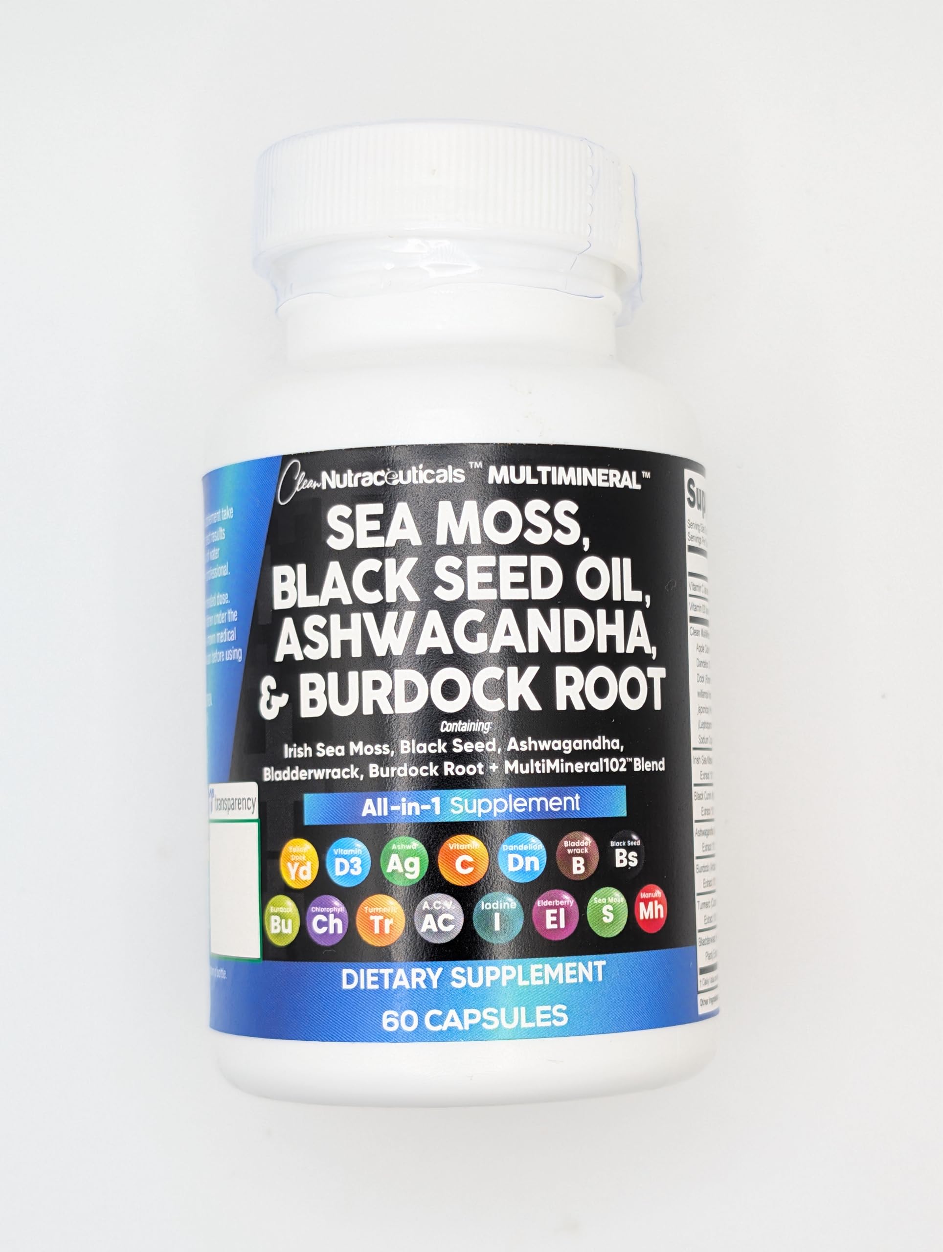 Sea Moss Black Seed Oil Ashwagandha Turmeric Bladderwrack Burdock & Vitamin C Vitamin D3 with Elderberry Manuka Dandelion Yellow Dock Iodine Chlorophyll ACV - 5Pack Clean Nutraceuticals uk supplements
