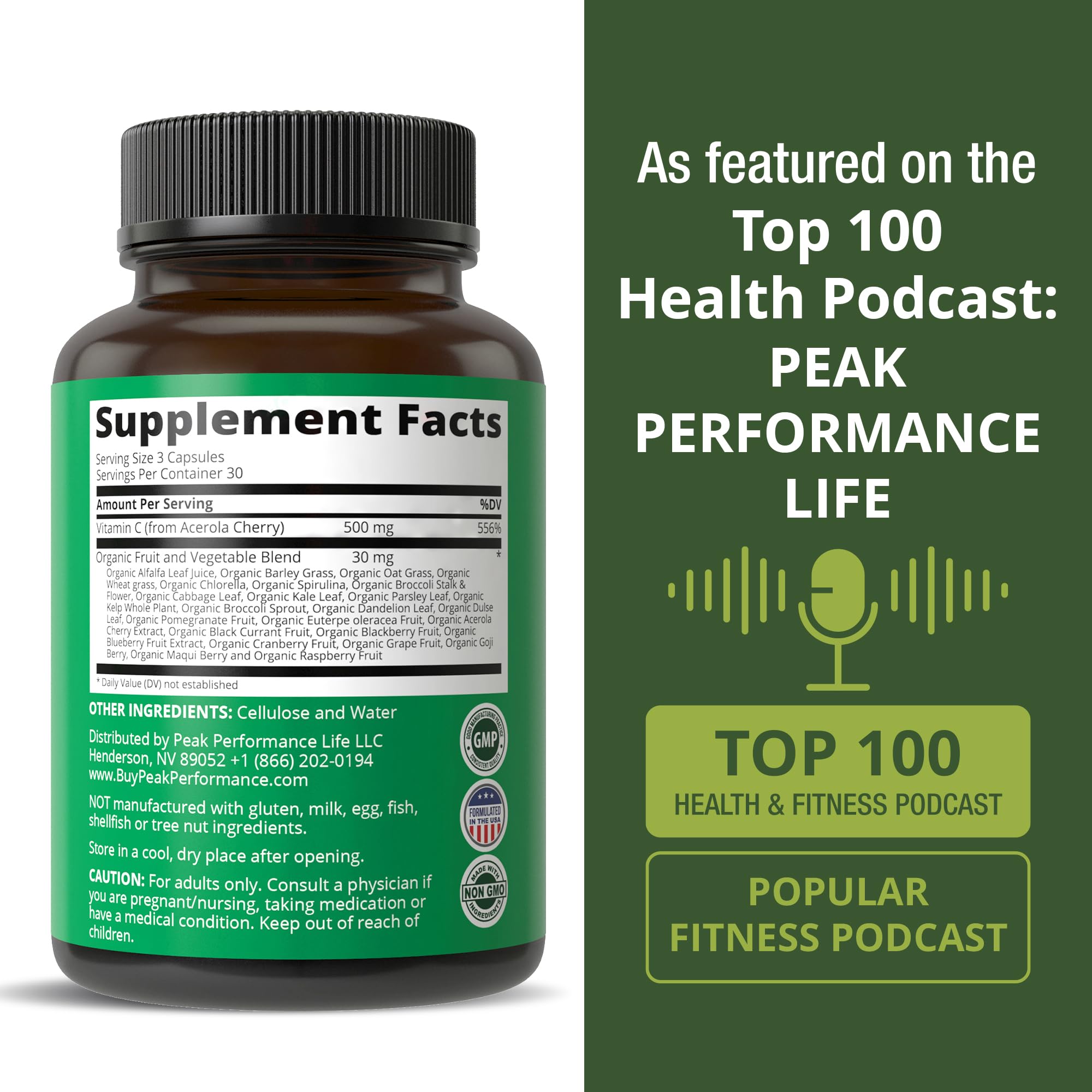 Peak Performance Raw Whole Food Natural Vitamin C Capsules from Acerola Cherry for Max Absorption. Vegan USA Sourced Vitamin C Supplement 90 Pills. 500 mg Serving or 2 Servings 1000mg Peak Performance uk supplements