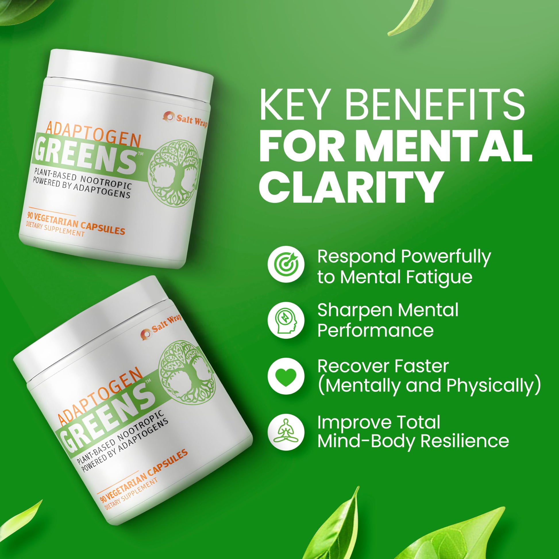 SaltWrap Adaptogen Greens - Mind-Body Resilience Formula - Caffeine-Free Nootropic for Stress, Focus, and Cognitive Performance - 90 Capsules SaltWrap uk supplements