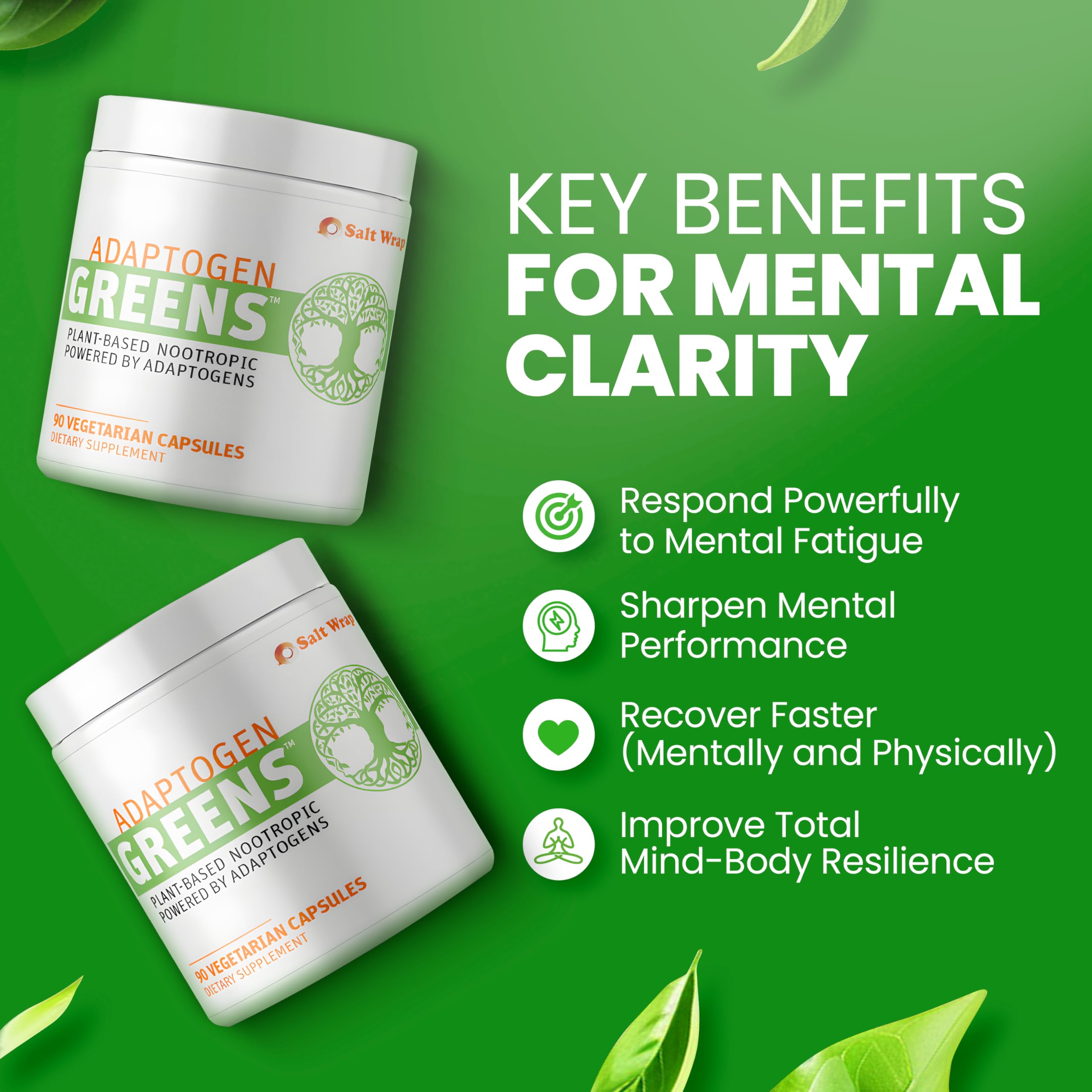 SaltWrap Adaptogen Greens - Mind-Body Resilience Formula - Caffeine-Free Nootropic for Stress, Focus, and Cognitive Performance - 90 Capsules SaltWrap uk supplements