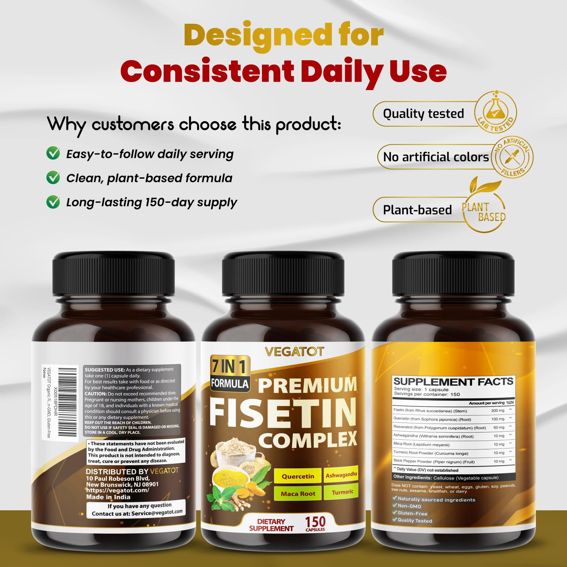 VEGATOT Organic Fisetin Complex 7-in-1 Formula | with Quercetin, Resveratrol, Ashwagandha, Maca Root, Turmeric, Black Pepper | 150 Capsules | Non-GMO, Gluten-Free VEGATOT uk supplements