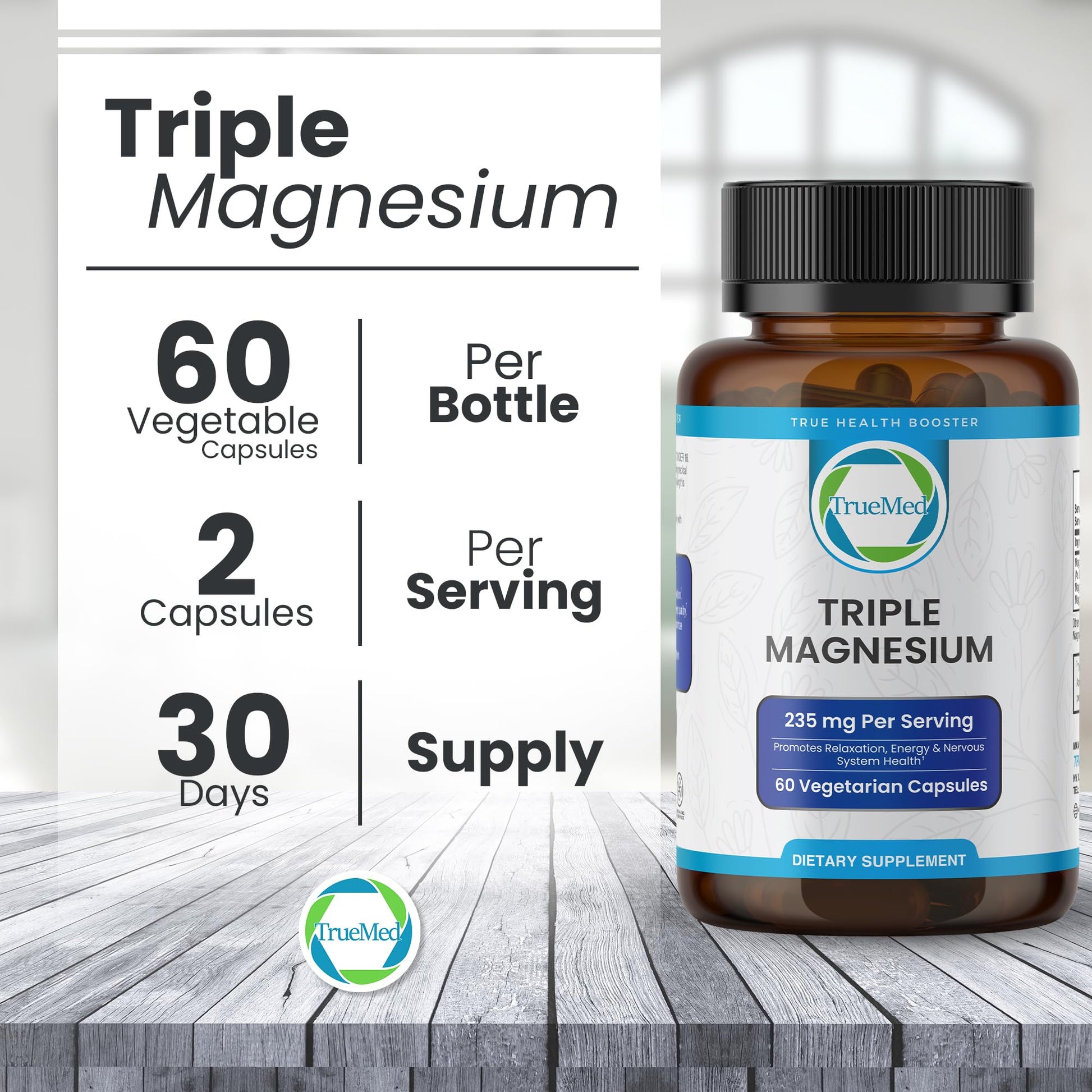 Truemed Triple Magnesium Complex Supplement 235mg with Magnesium Citrate, Malate & Lysinate Chelate | Magnesium Supplement for Sleep, Muscle Relaxation, Energy & Nerve Support | 60 Capsules, USA Made TRUEMED uk supplements