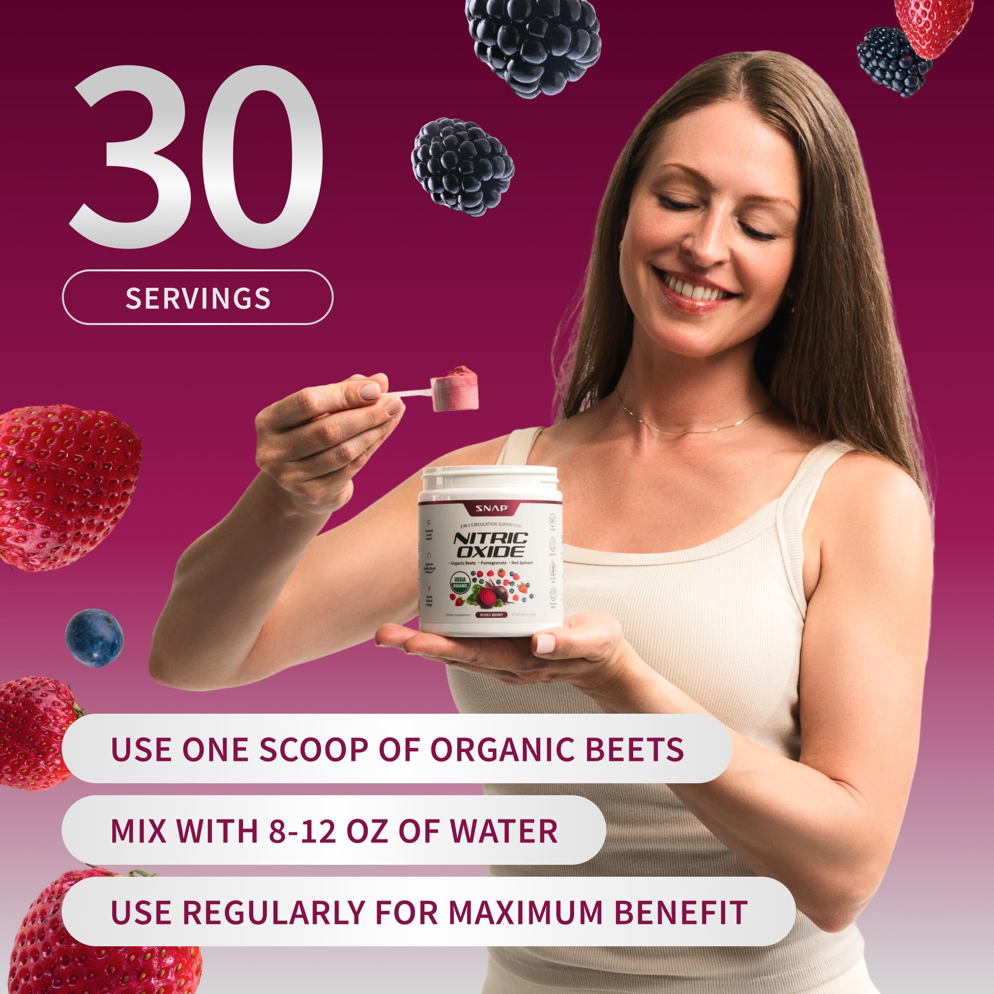 Snap Supplements Organic Beet Root Powder Nitric Oxide Supplement for Men & Women, Red Spinach & Pomegranate, Supports Healthy Energy & Blood Pressure Already in Normal Range, 30 Servings, Mixed Berry Snap Supplements uk supplements