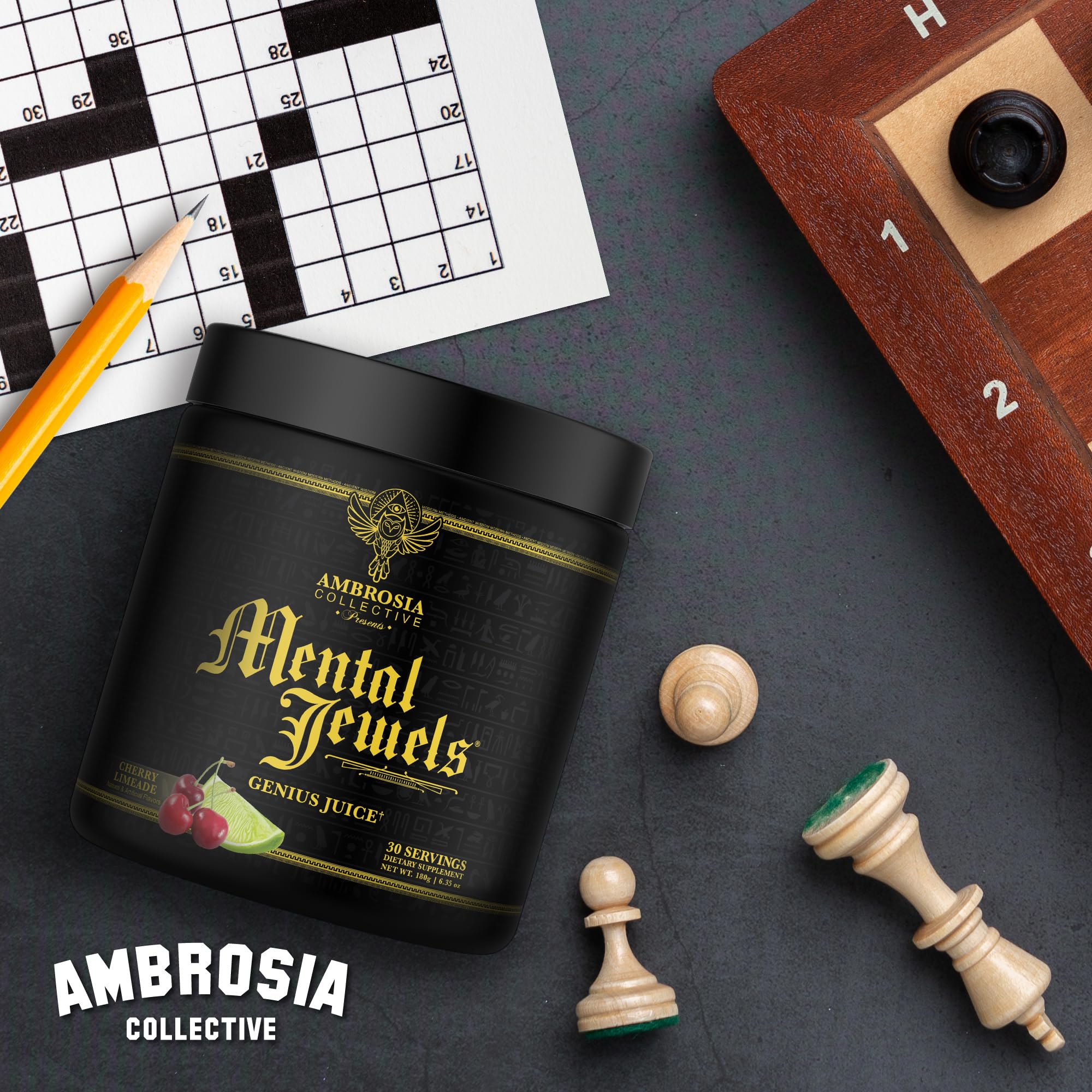 Ambrosia Mental Jewels Nootropic Brain Supplement Powder | Alpha GPC, Bacopa & Phosphatidylserine | Memory, Focus & Concentration Support | 30 Servings | Cherry Limeade Ambrosia uk supplements
