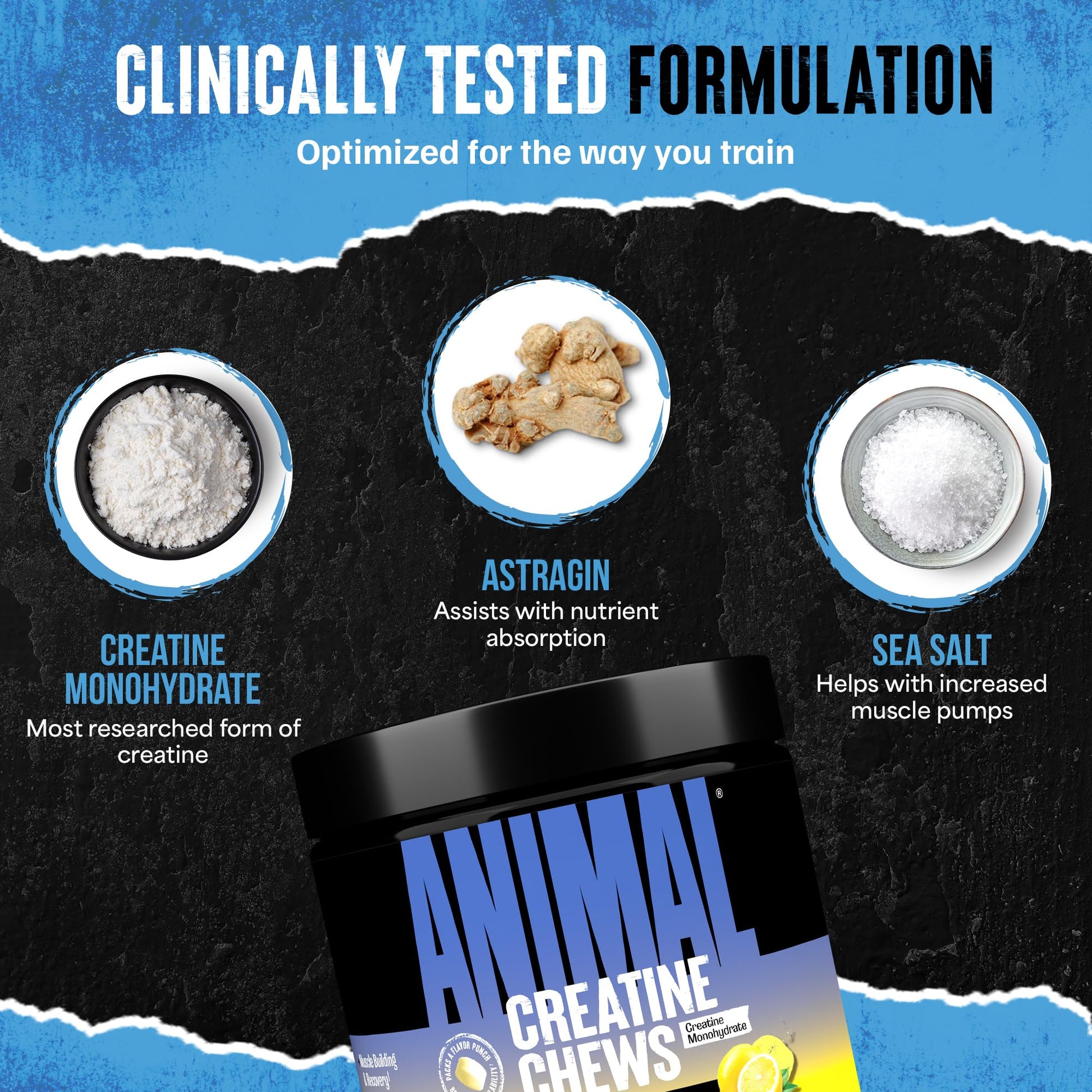 Animal Creatine Chews Tablets - Enhanced Creatine Monohydrate with AstraGin to Improve Absorption, Sea Salt for Added Pumps, Delicious and Convenient Chewable Tablets - Lemon Ice Animal uk supplements