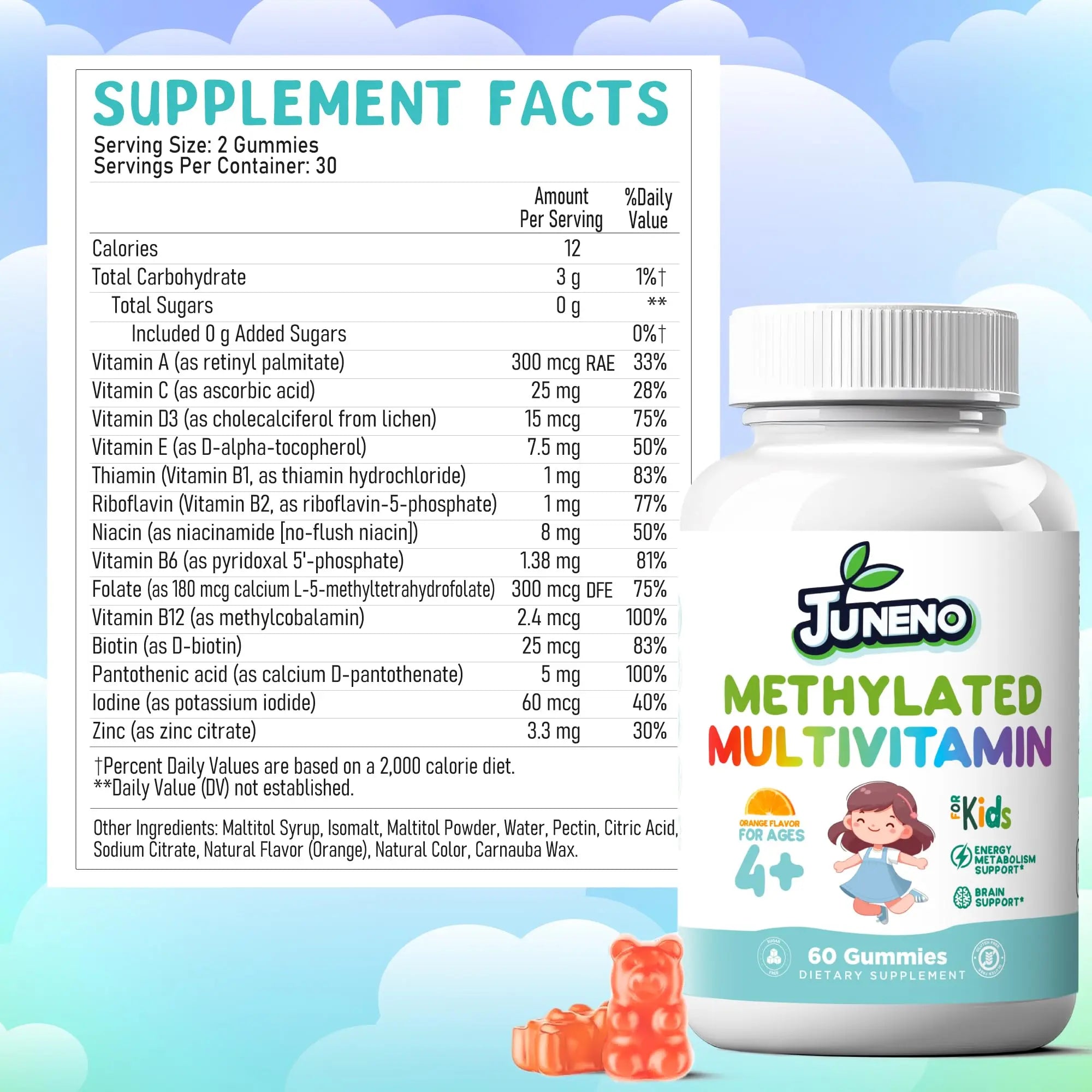 Juneno Methylated Multivitamin Gummies for Kids - MTHFR Support Supplement with B Complex 5-MTHF Folate (L-Methylfolate) Juneno uk supplements